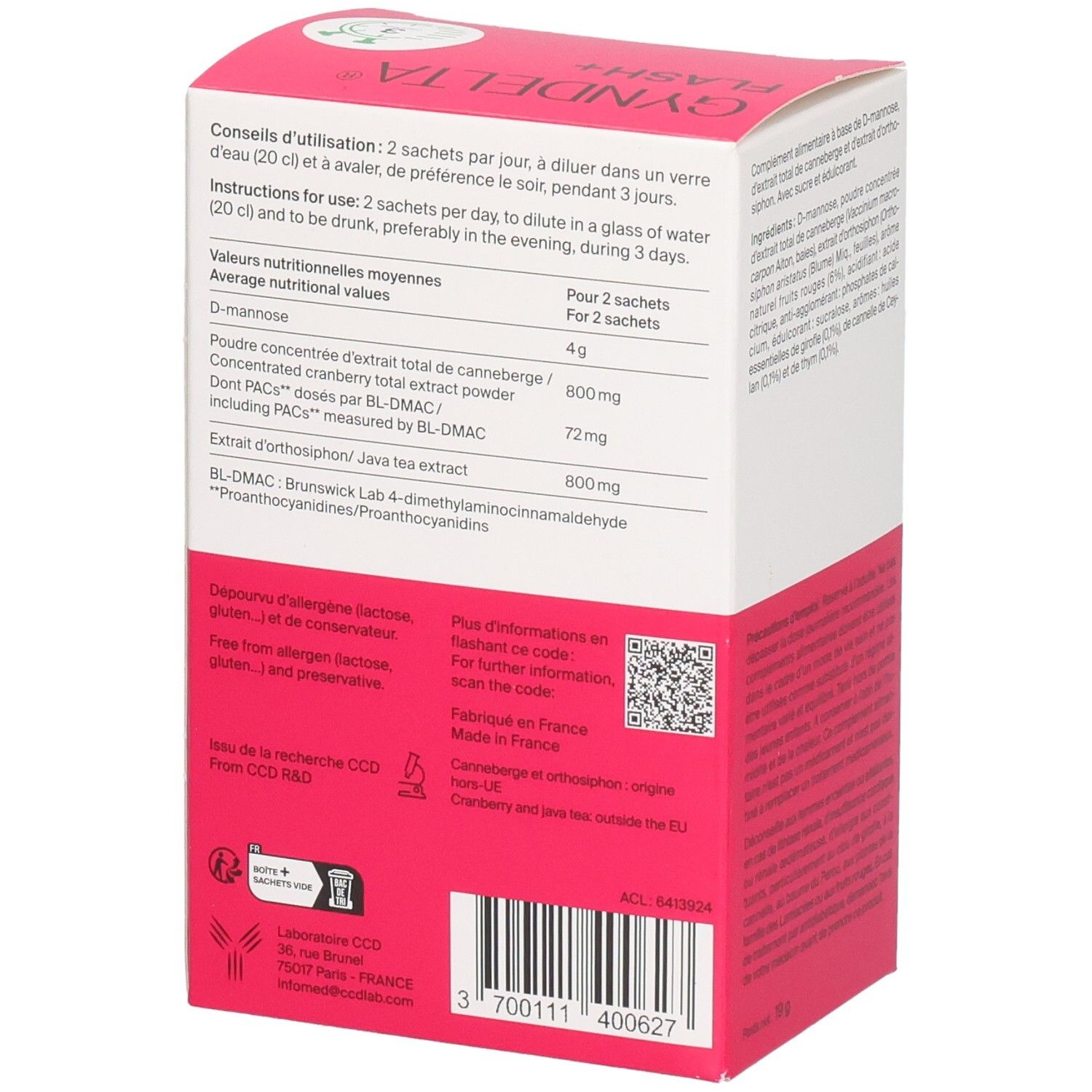 Vue latérale de la boîte GYNDELTA FLASH+. Contient des conseils d'utilisation et les valeurs nutritionnelles pour 2 sachets.