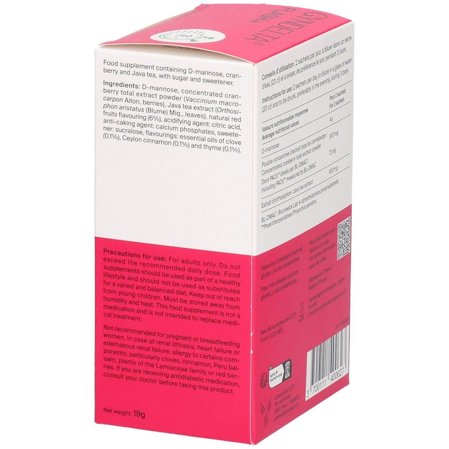 Vue latérale de la boîte GYNDELTA FLASH+. Contient des instructions d'utilisation et des précautions pour adultes.