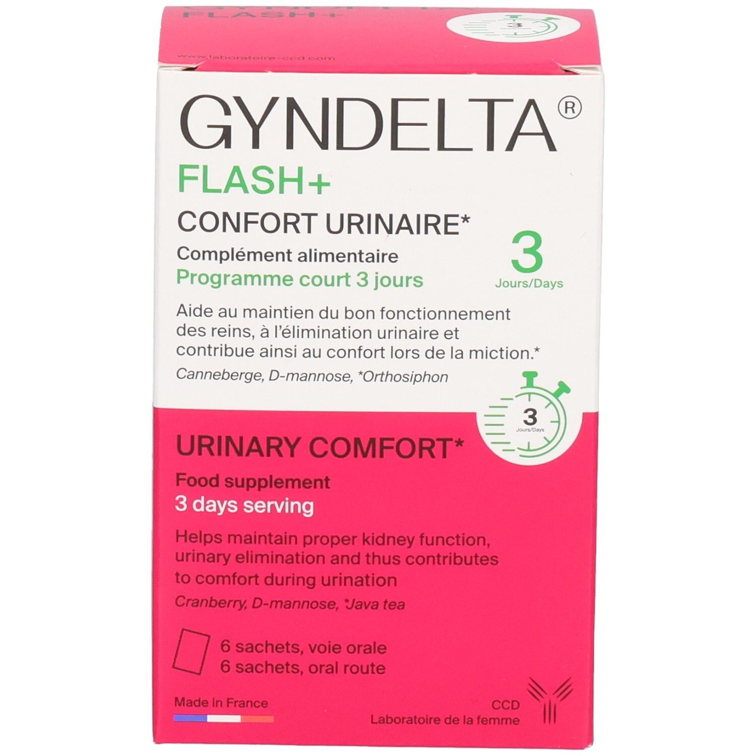 Boîte GYNDELTA FLASH+ Confort Urinaire : 6 sachets, programme 3 jours. Contient D-Mannose et Cranberry.
