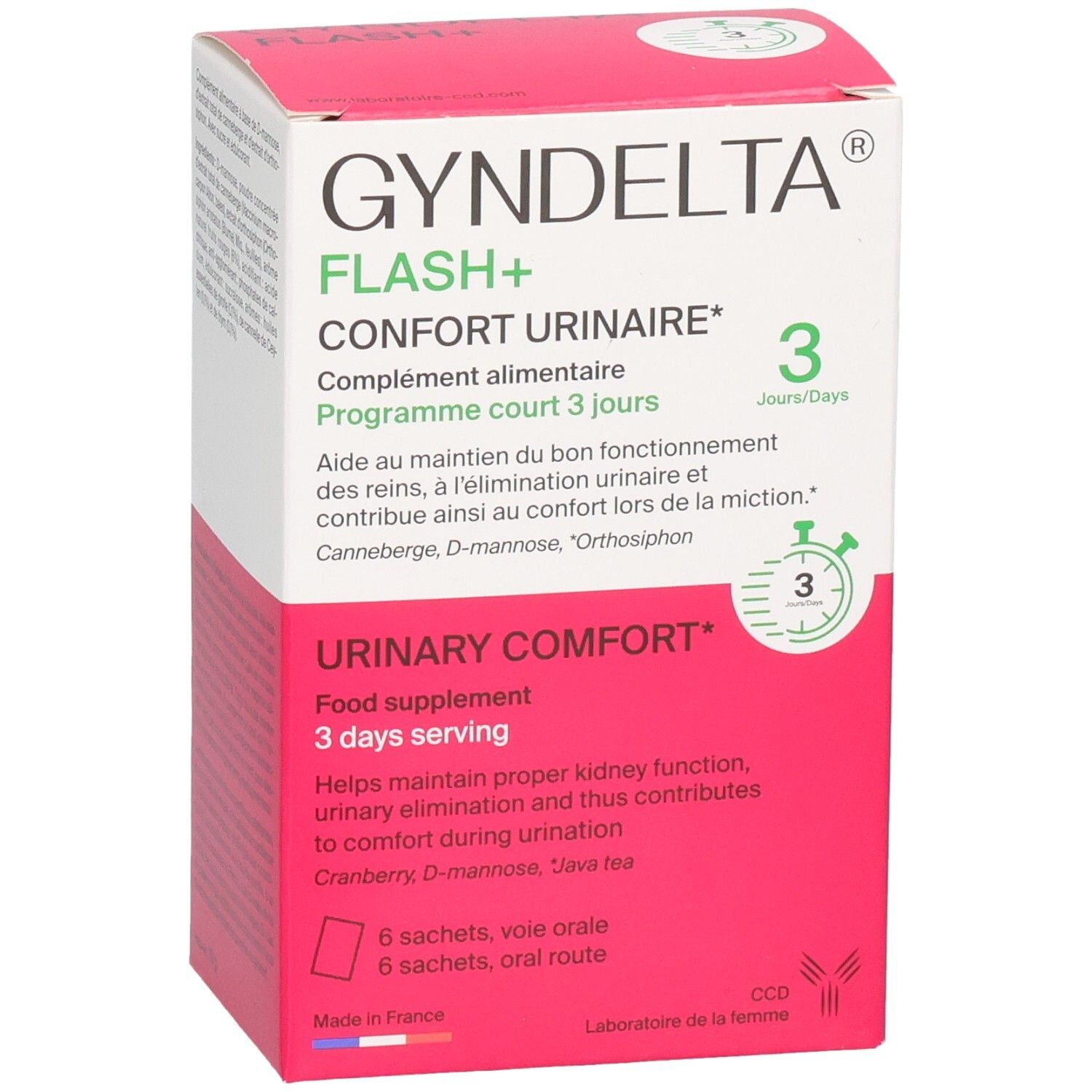 Boîte GYNDELTA FLASH+ Confort Urinaire : 6 sachets, programme 3 jours. Contient D-Mannose et Cranberry.