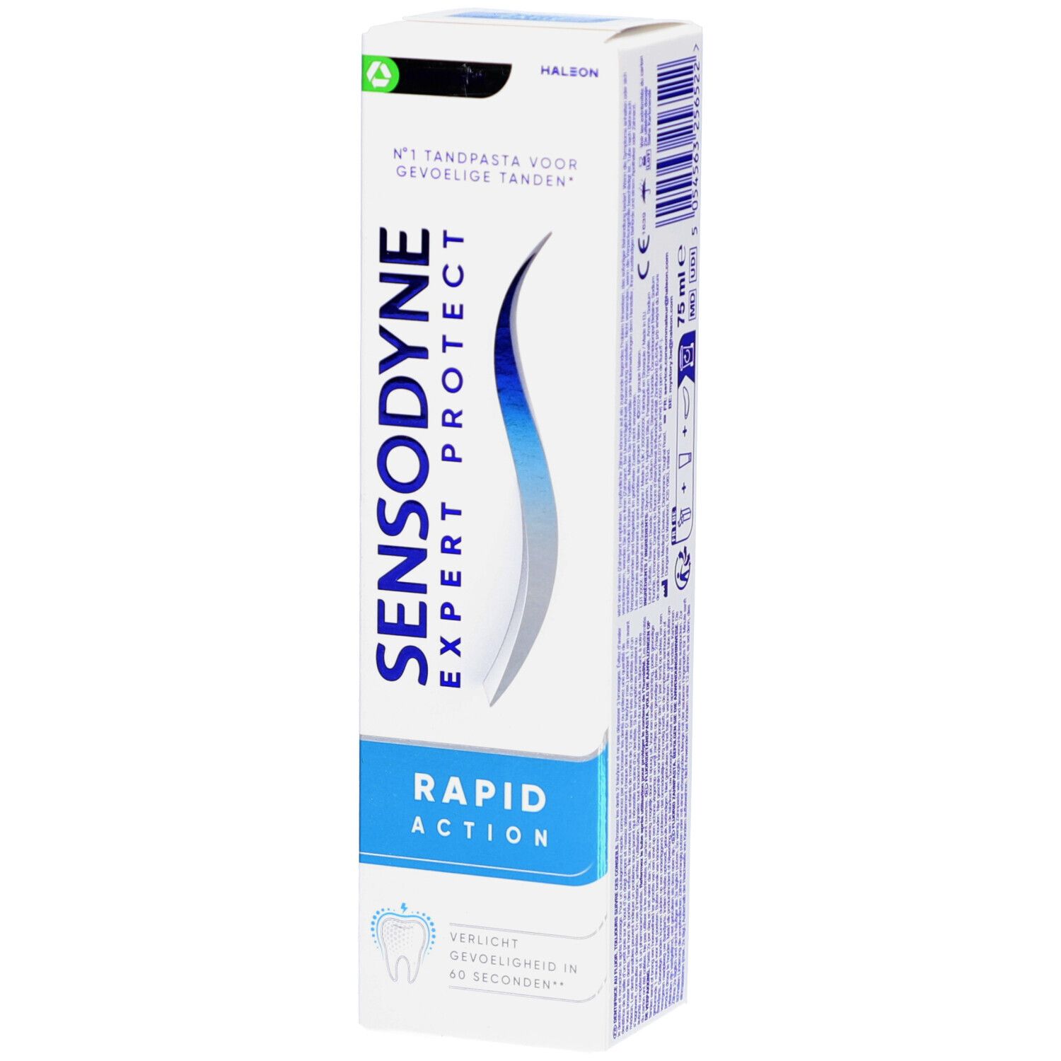 Emballage de dentifrice debout. Blanc, bleu. Inscription SENSODYNE EXPERT PROTECT et RAPIDE ACTION. 75 ml.