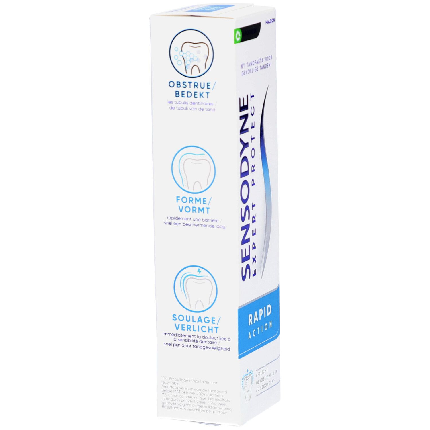 Emballage de dentifrice debout. Blanc, bleu. Illustrations des avantages. Inscription SENSODYNE EXPERT PROTECT et RAPIDE ACTION.