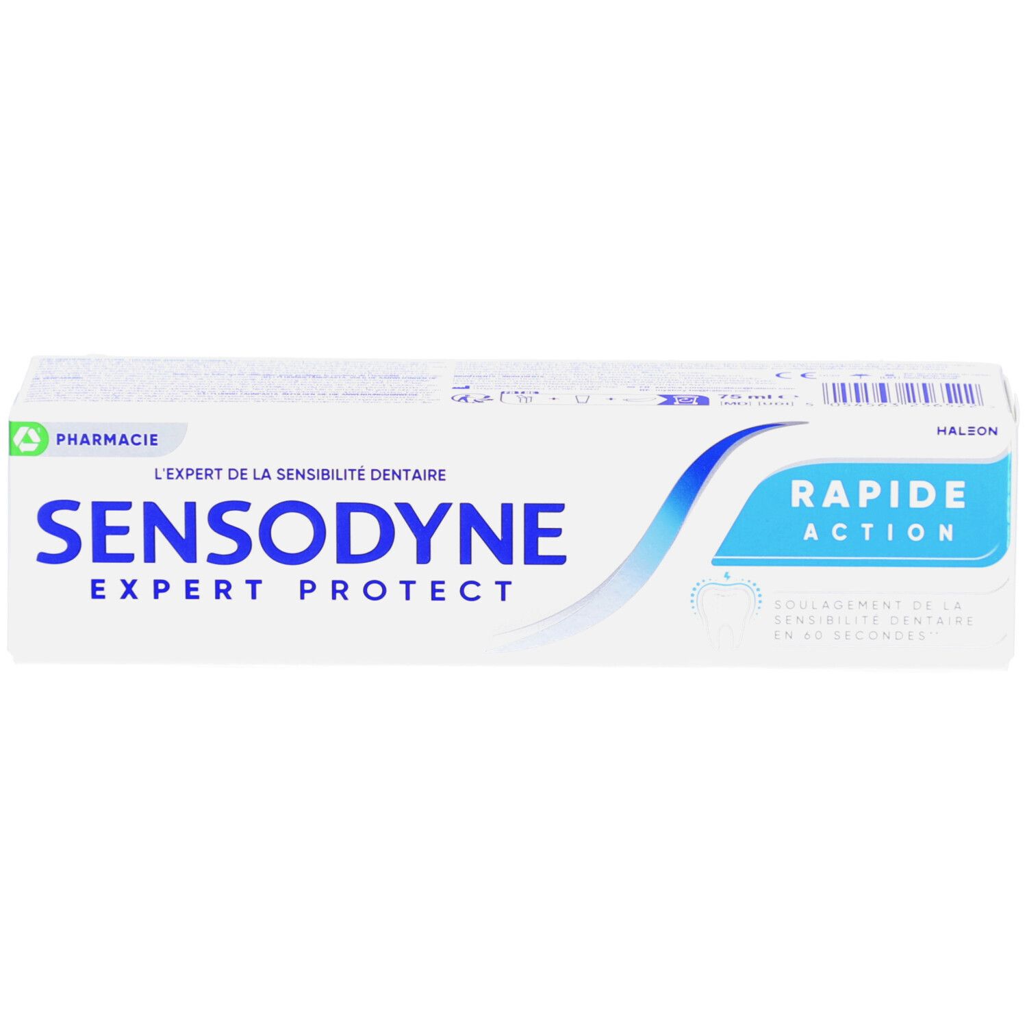 Emballage de dentifrice. Blanc, bleu et bleu clair. Inscription SENSODYNE EXPERT PROTECT et RAPIDE ACTION. Logo pharmacie.