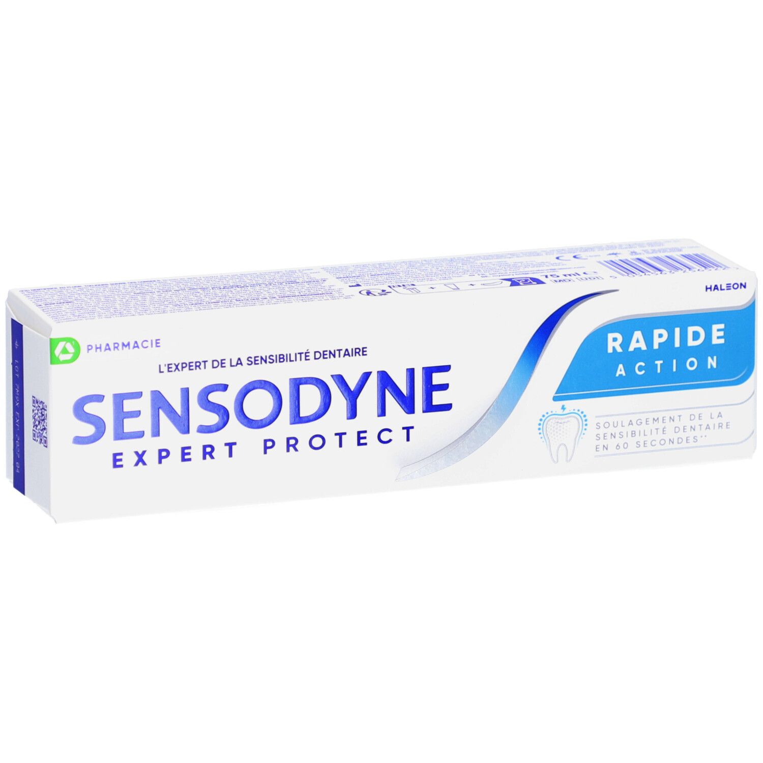 Emballage de dentifrice. Blanc, bleu et bleu clair. Inscription SENSODYNE EXPERT PROTECT et RAPIDE ACTION. 75 ml.