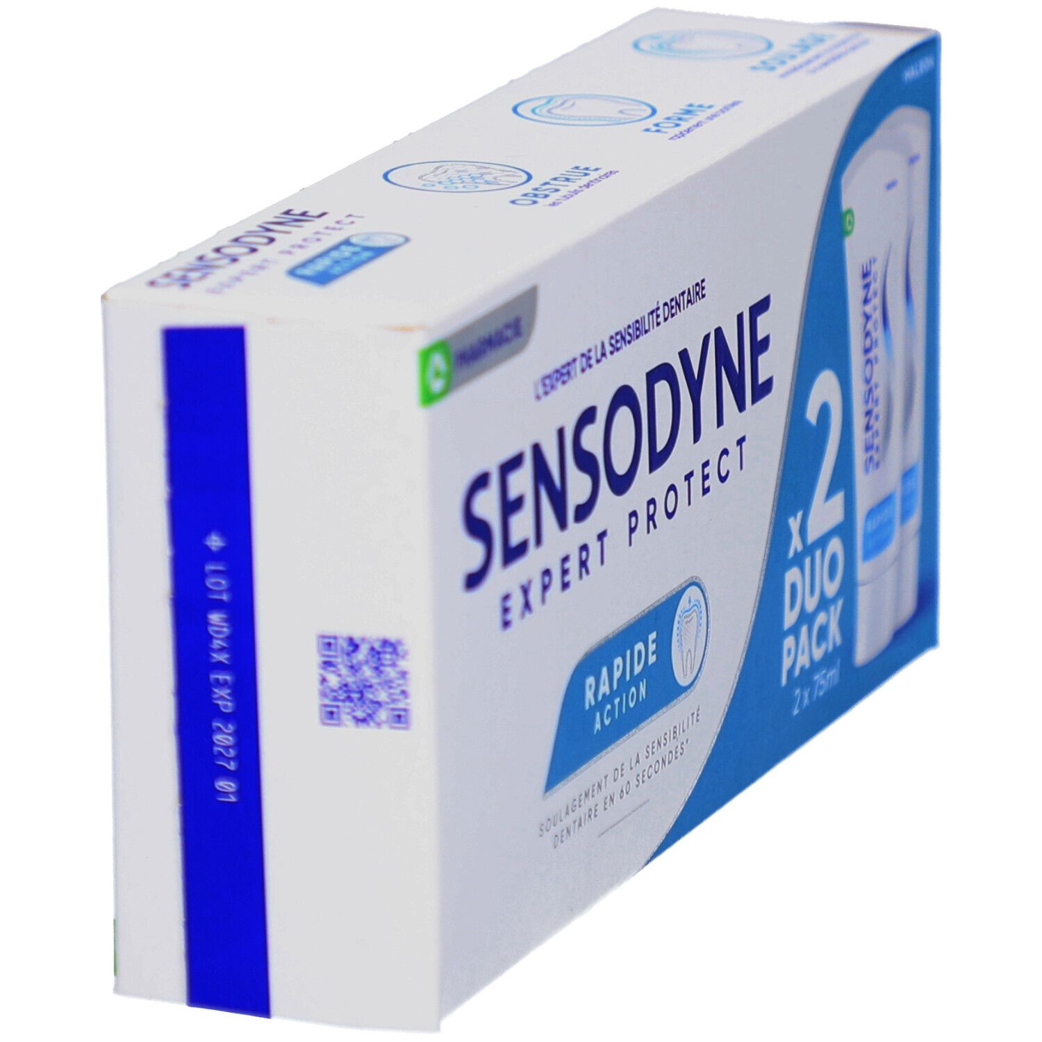 Emballage SENSODYNE EXPERT PROTECT RAPIDE ACTION. Duo Pack. Numéro de lot et date d'expiration sur le côté.