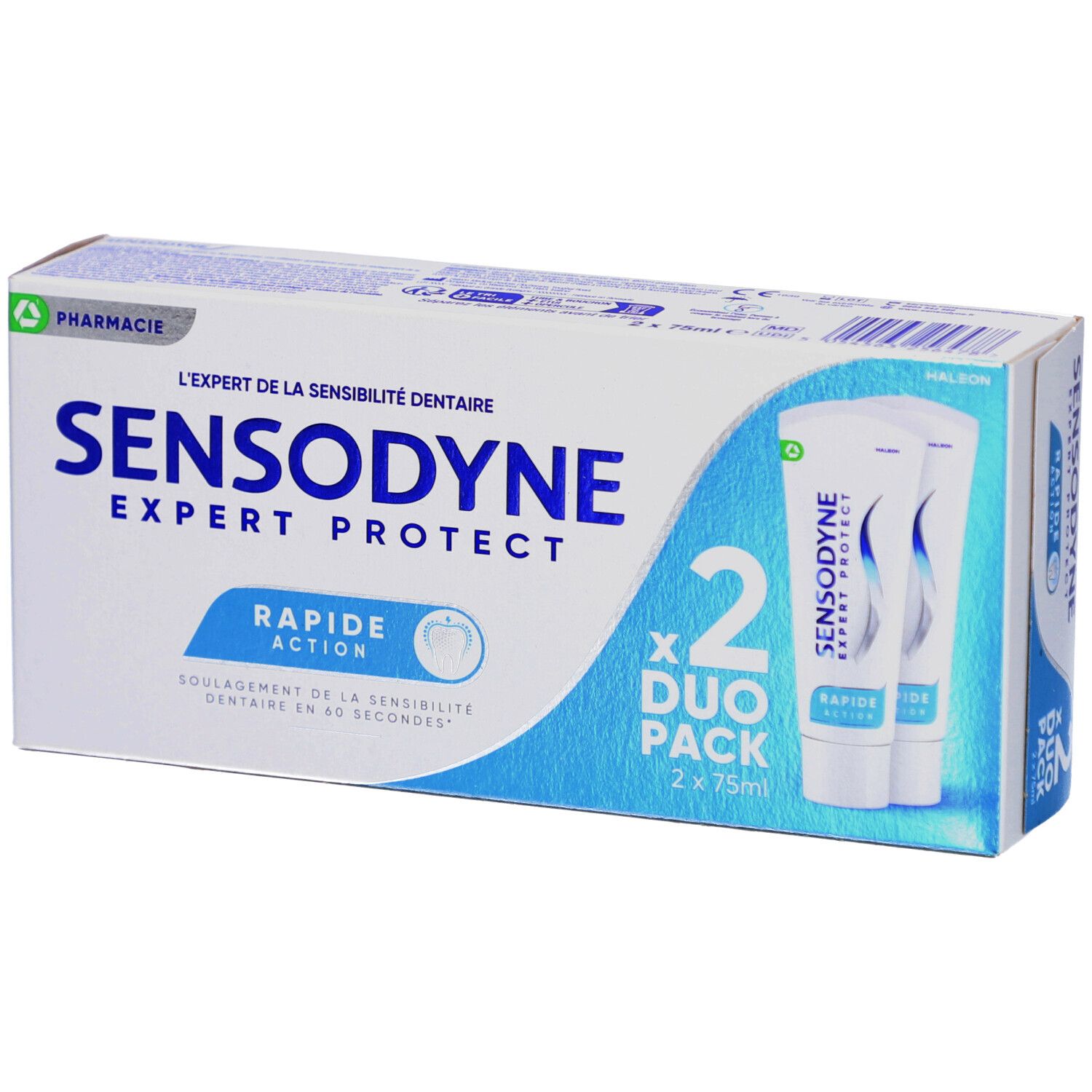 Emballage de deux tubes de dentifrice SENSODYNE EXPERT PROTECT RAPIDE ACTION. Duo Pack.