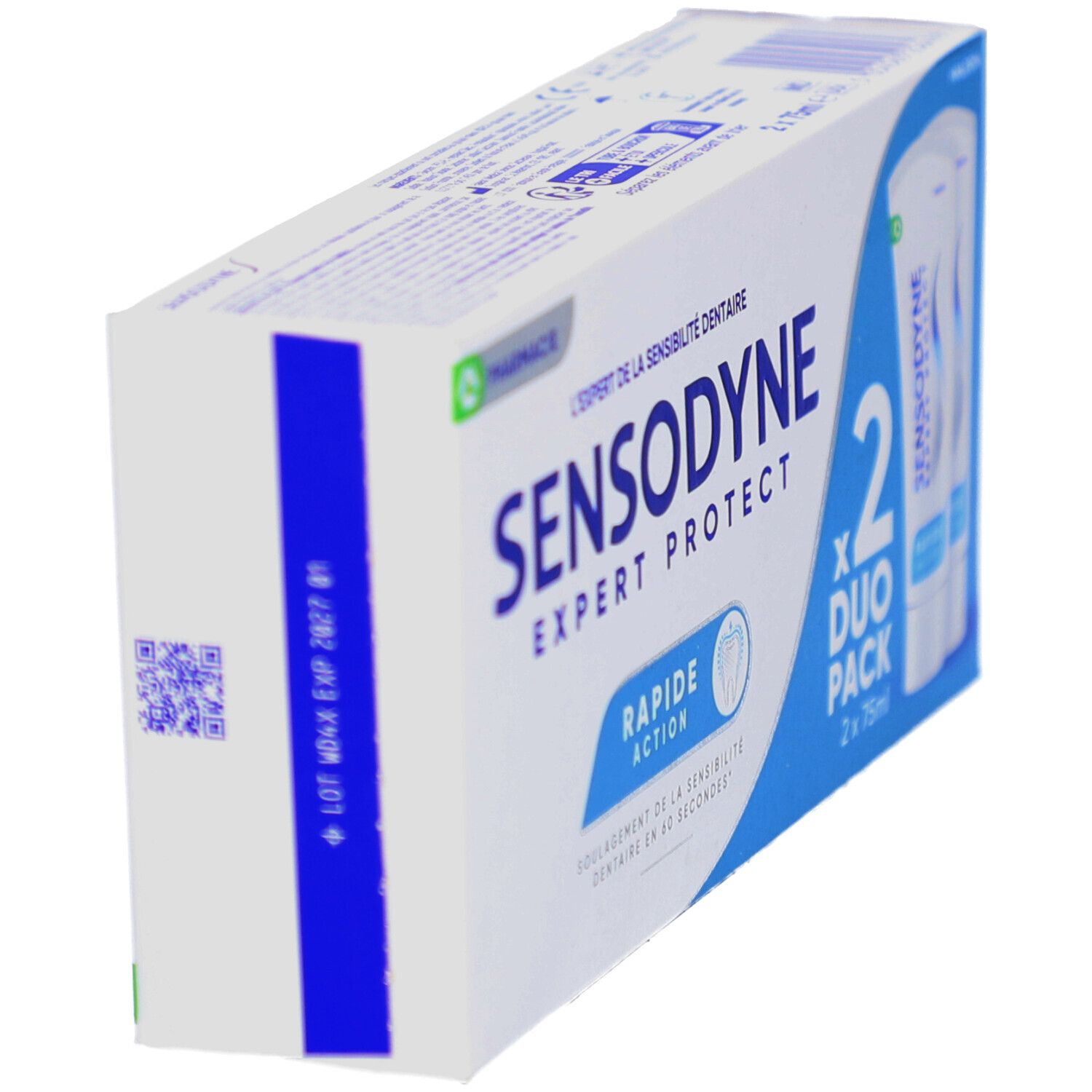 Emballage SENSODYNE EXPERT PROTECT RAPIDE ACTION. Duo Pack. Numéro de lot et date d'expiration sur le côté.
