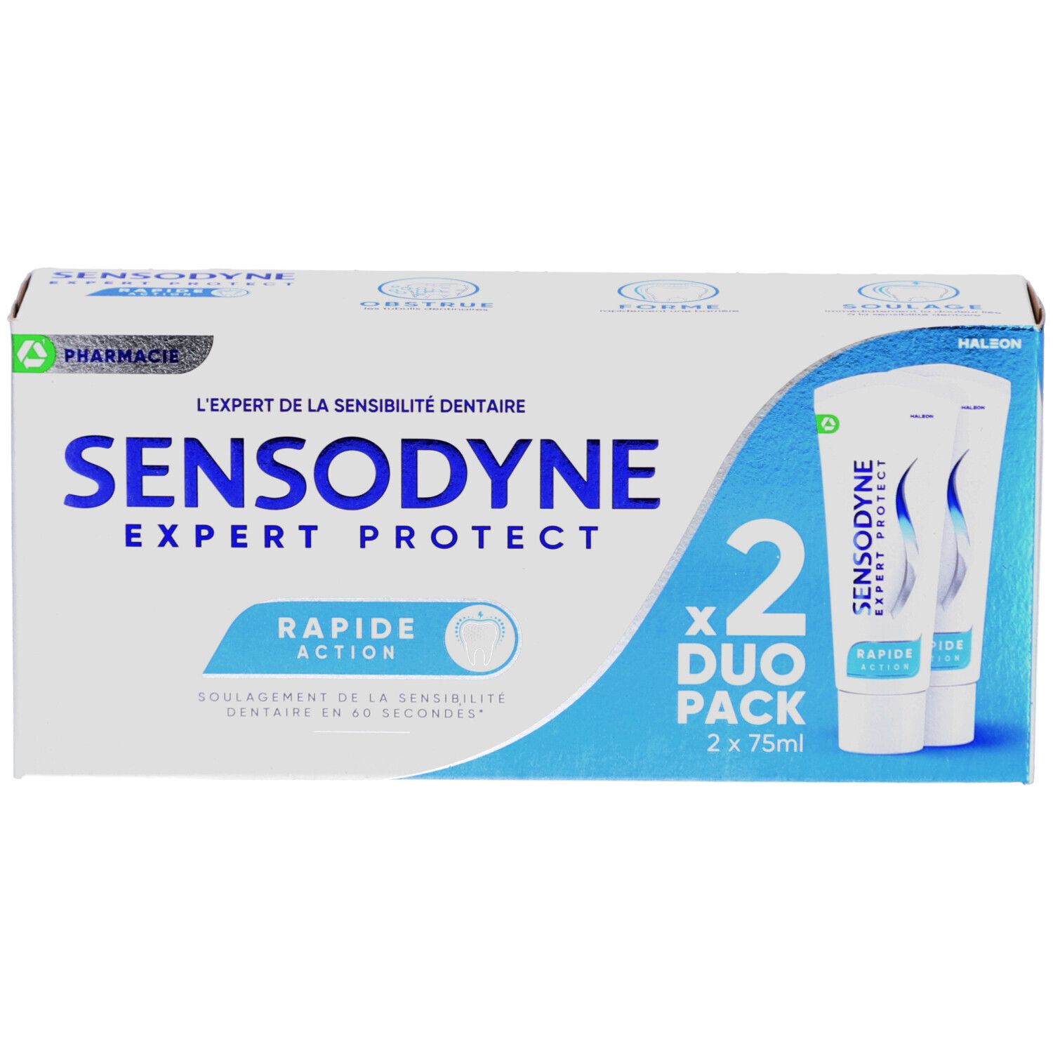 Emballage de deux tubes de dentifrice SENSODYNE EXPERT PROTECT RAPIDE ACTION. Duo Pack.