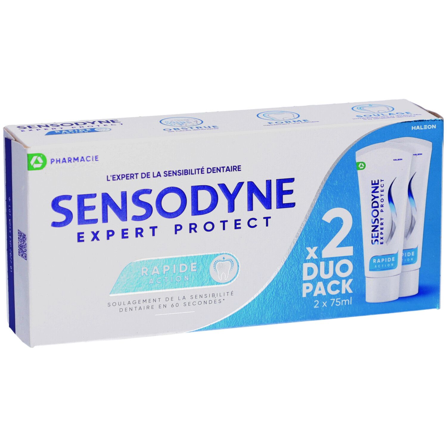 Emballage de deux tubes de dentifrice SENSODYNE EXPERT PROTECT RAPIDE ACTION. Duo Pack.