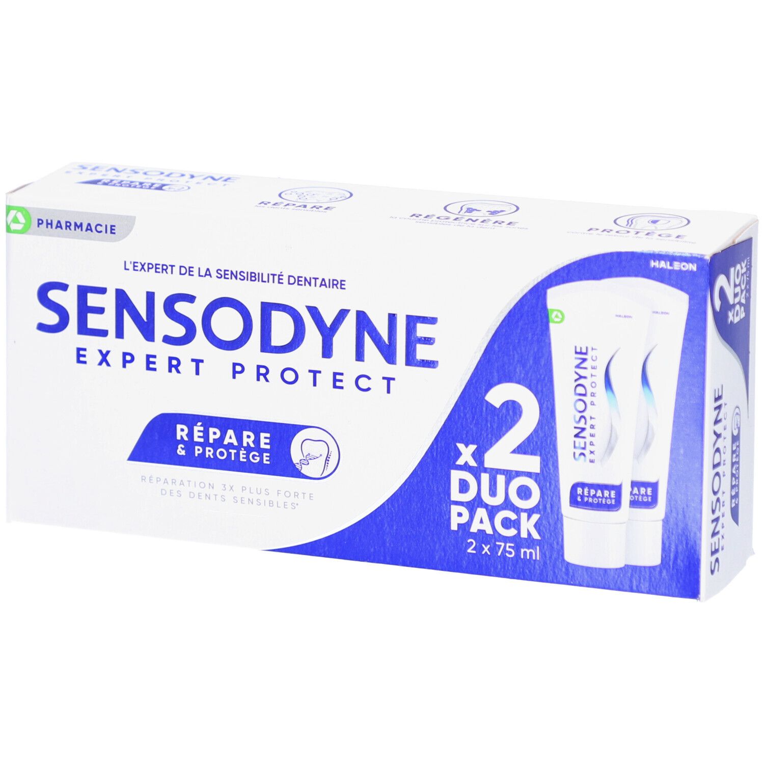 Pack duo de dentifrice. Contient deux tubes. Inscription: SENSODYNE EXPERT PROTECT, Répare & Protège. Emballage avec logo pharmacie.
