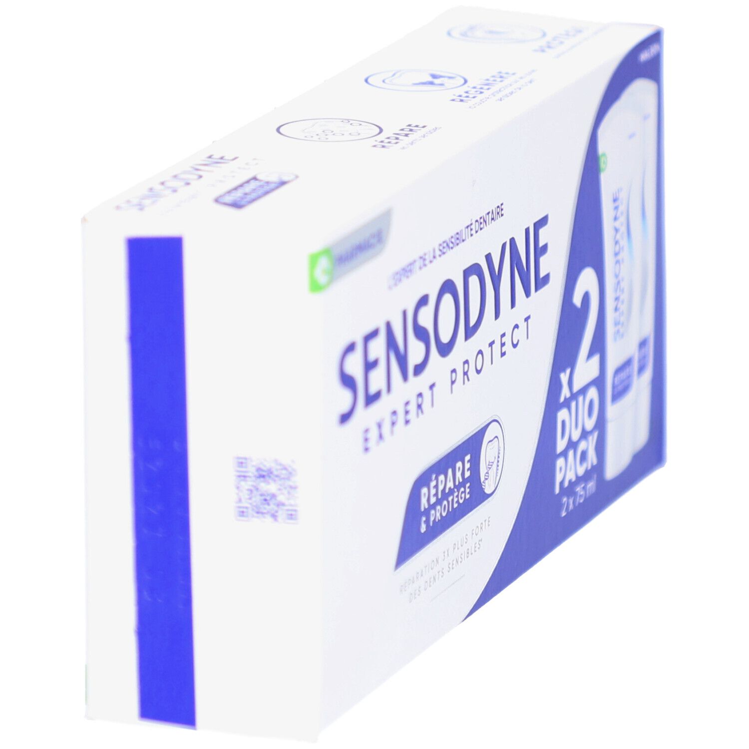 Pack duo de dentifrice, vue oblique. Inscription: SENSODYNE EXPERT PROTECT, Répare & Protège. Emballage avec logo pharmacie.
