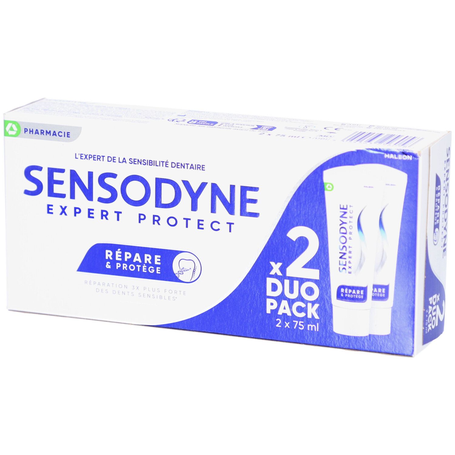 Pack duo de dentifrice. Contient deux tubes. Inscription: SENSODYNE EXPERT PROTECT, Répare & Protège. Emballage avec logo pharmacie.