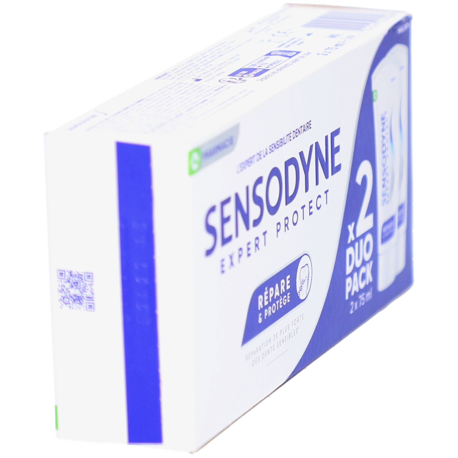 Pack duo de dentifrice, vue oblique. Inscription: SENSODYNE EXPERT PROTECT, Répare & Protège. Emballage avec logo pharmacie.
