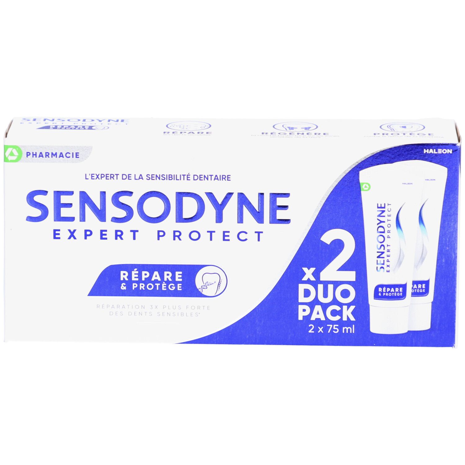 Pack duo de dentifrice. Contient deux tubes. Inscription: SENSODYNE EXPERT PROTECT, Répare & Protège. Emballage avec logo pharmacie.