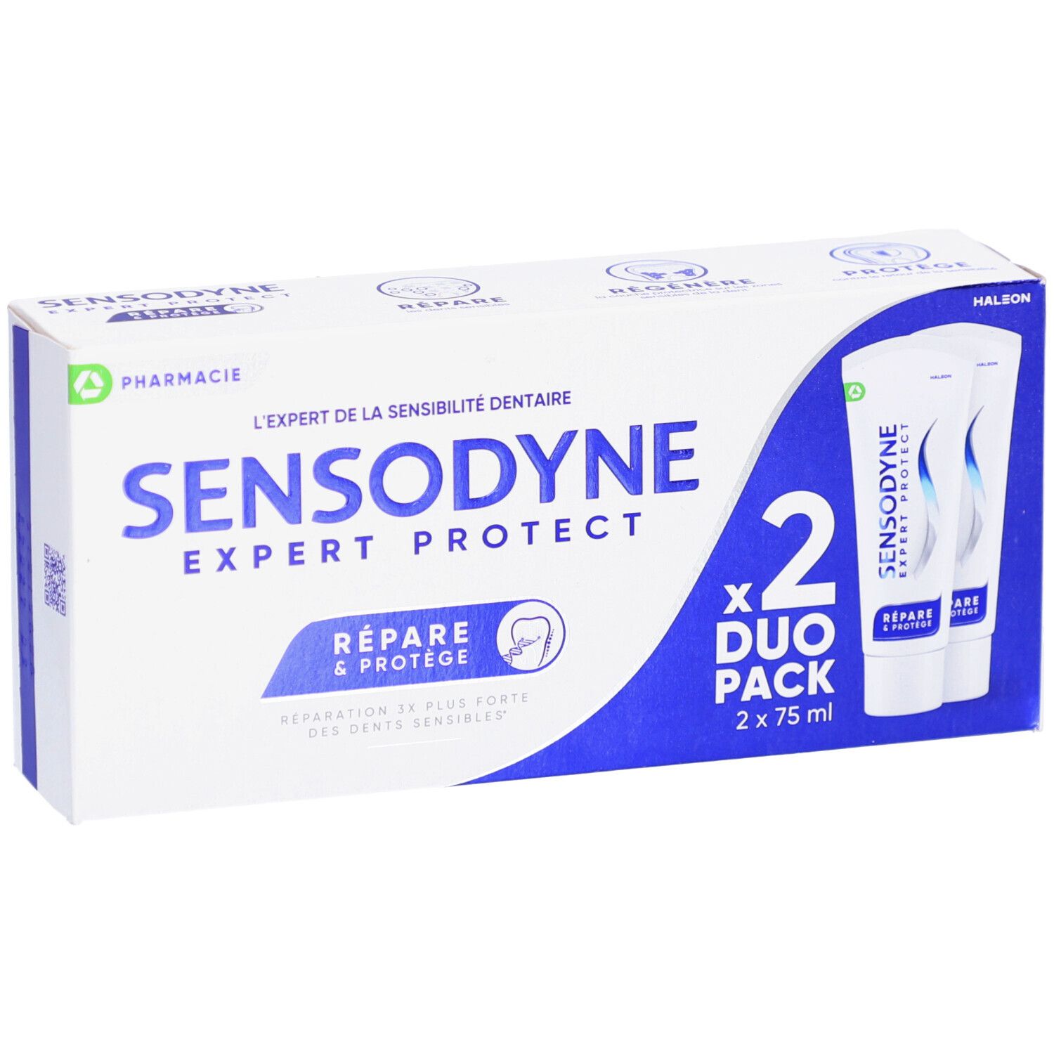 Pack duo de dentifrice. Contient deux tubes. Inscription: SENSODYNE EXPERT PROTECT, Répare & Protège. Emballage avec logo pharmacie.