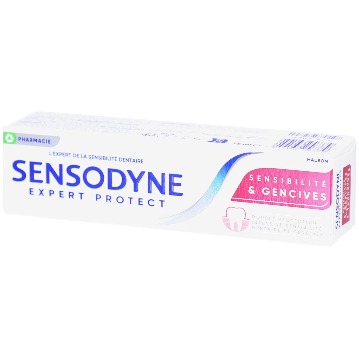 Emballage de dentifrice blanc. Inscriptions bleues et rouges : Sensodyne Expert Protect, Sensibilité & Gencives.