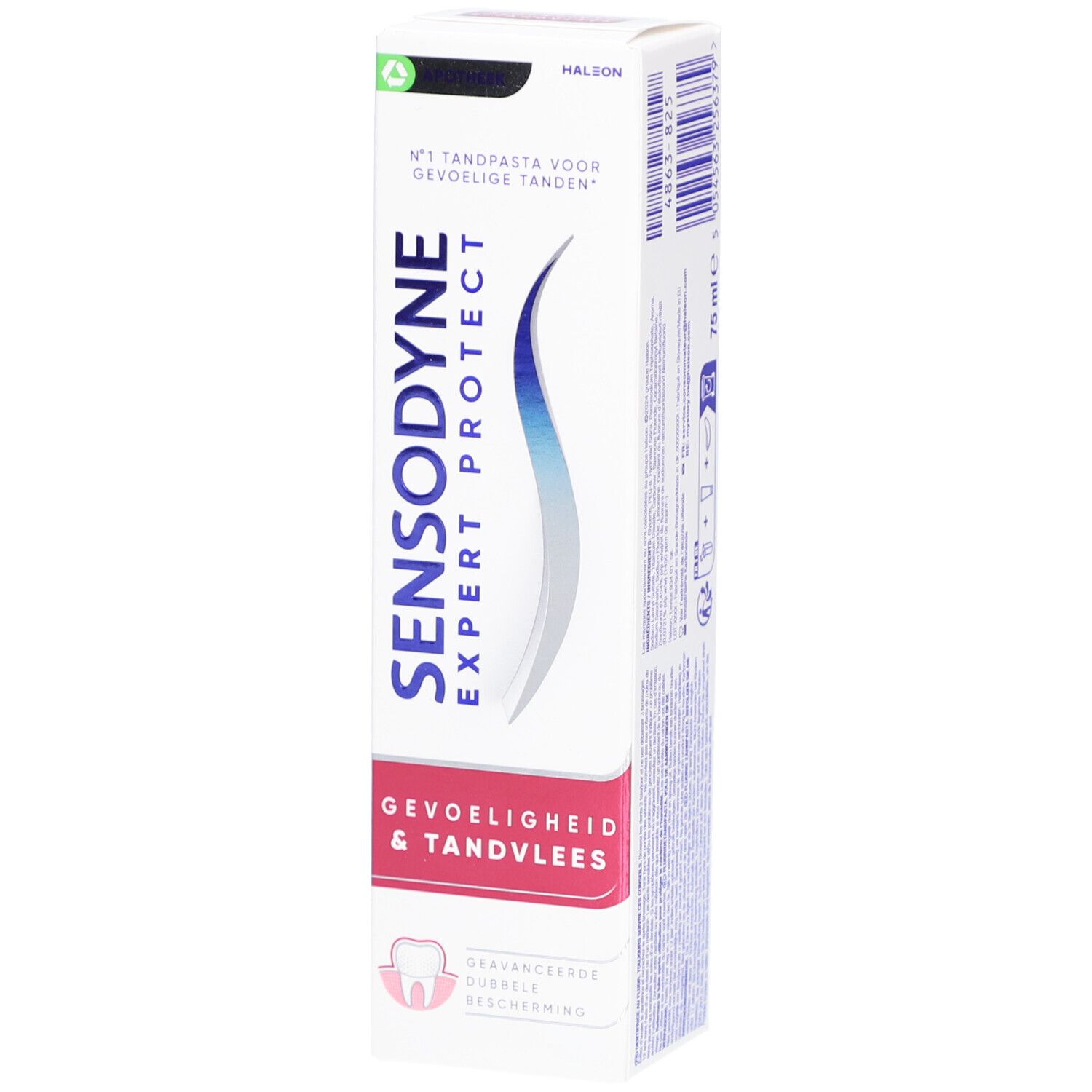 Emballage de dentifrice blanc. Sensodyne Expert Protect. Gevoeligheid & Tandvlees. 75 ml.