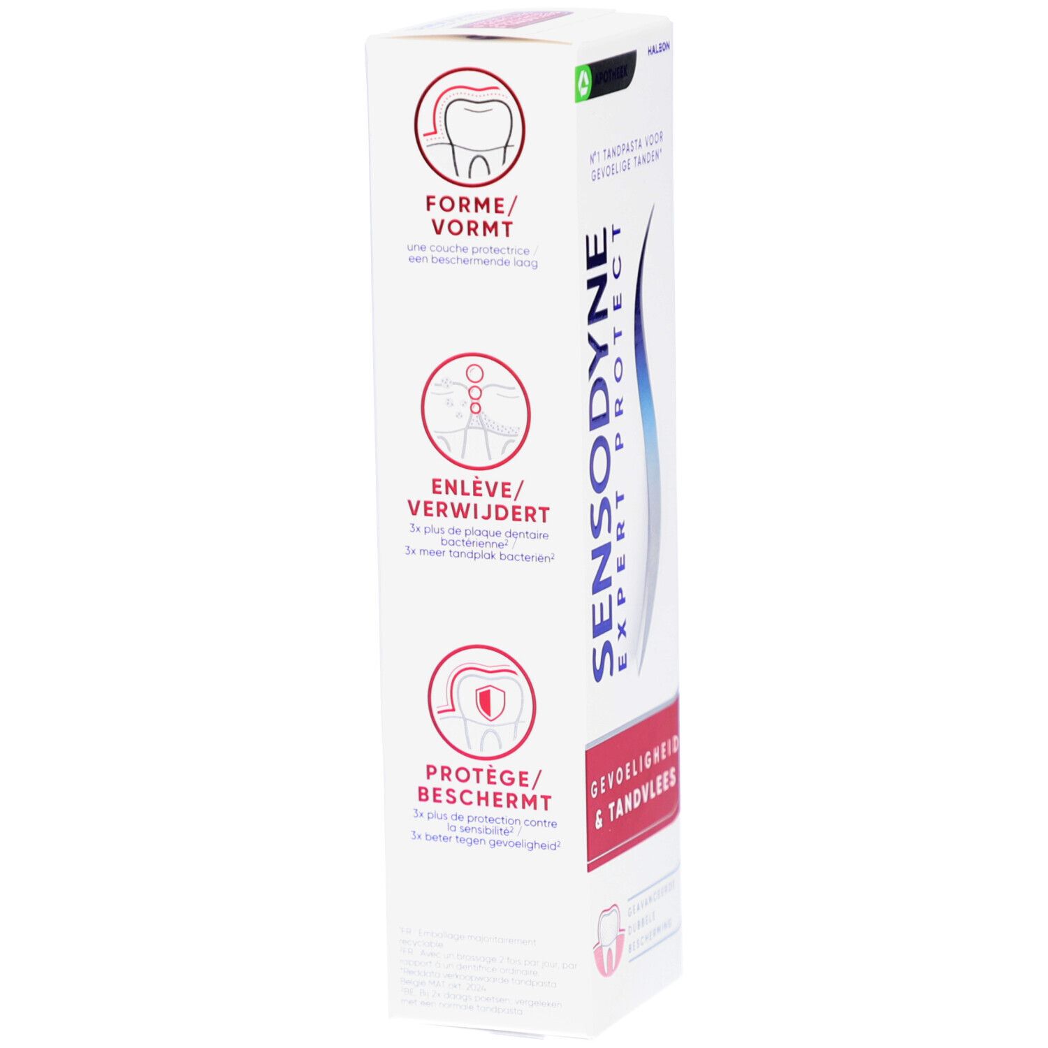 Emballage de dentifrice blanc. Sensodyne Expert Protect. Gevoeligheid & Tandvlees. Illustrations et texte.