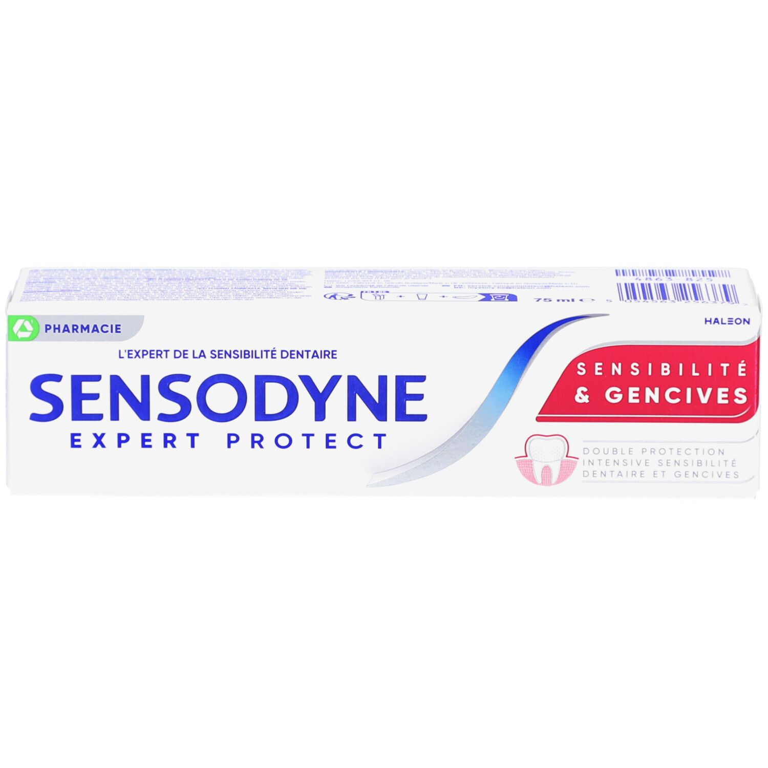 Emballage de dentifrice blanc. Sensodyne Expert Protect, Sensibilité & Gencives. 75 ml.