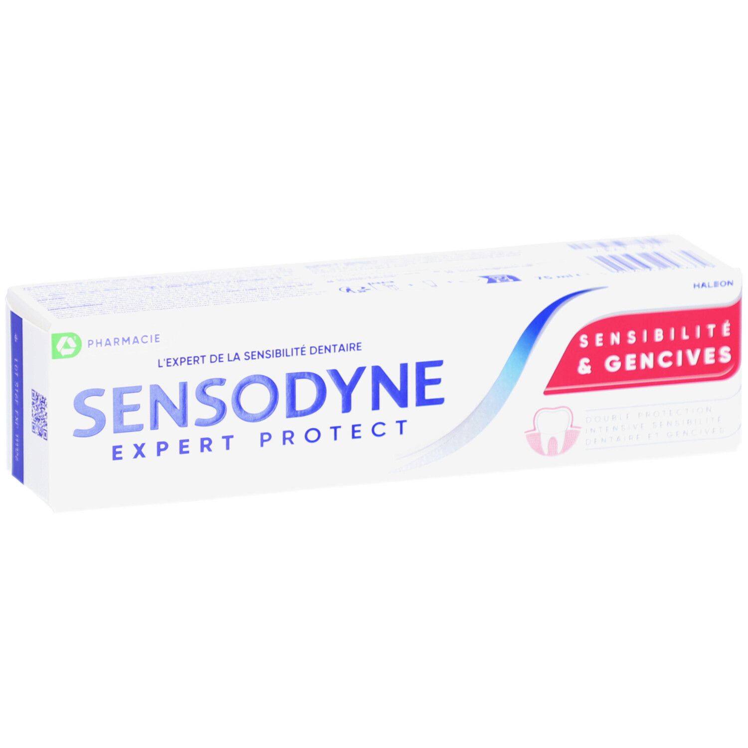 Emballage de dentifrice blanc. Sensodyne Expert Protect, Sensibilité & Gencives.