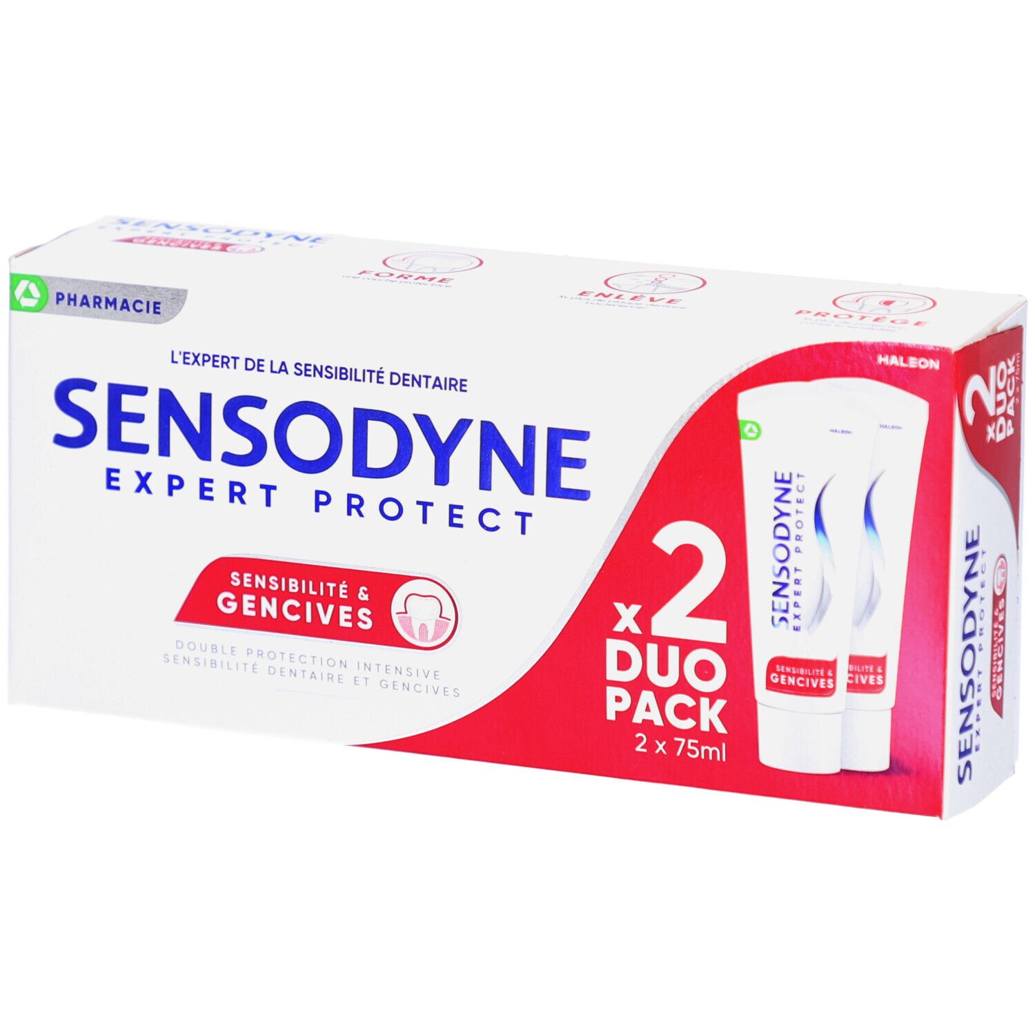 Pack duo de dentifrice. Contient deux tubes. Inscription : SENSODYNE EXPERT PROTECT, Sensibilité & Gencives. Emballage rouge et blanc.