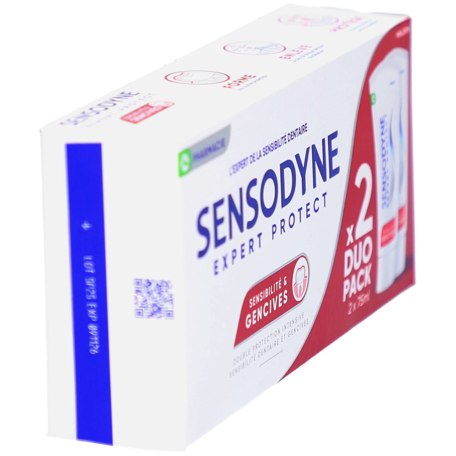 Pack duo de dentifrice. Inscription : SENSODYNE EXPERT PROTECT, Sensibilité & Gencives. Emballage blanc avec design rouge et bleu.