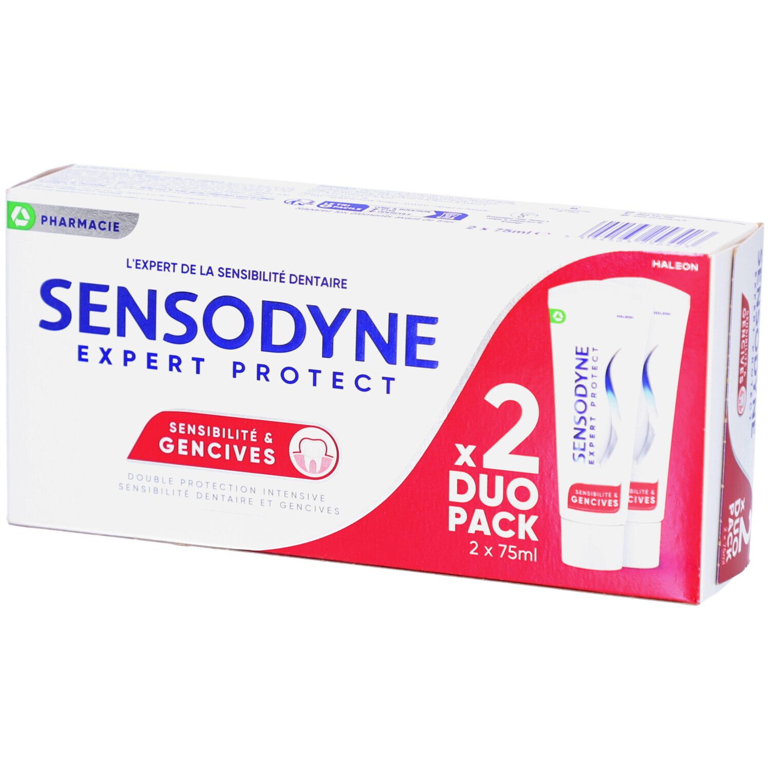 Pack duo de dentifrice. Contient deux tubes. Inscription : SENSODYNE EXPERT PROTECT, Sensibilité & Gencives. Emballage rouge et blanc.