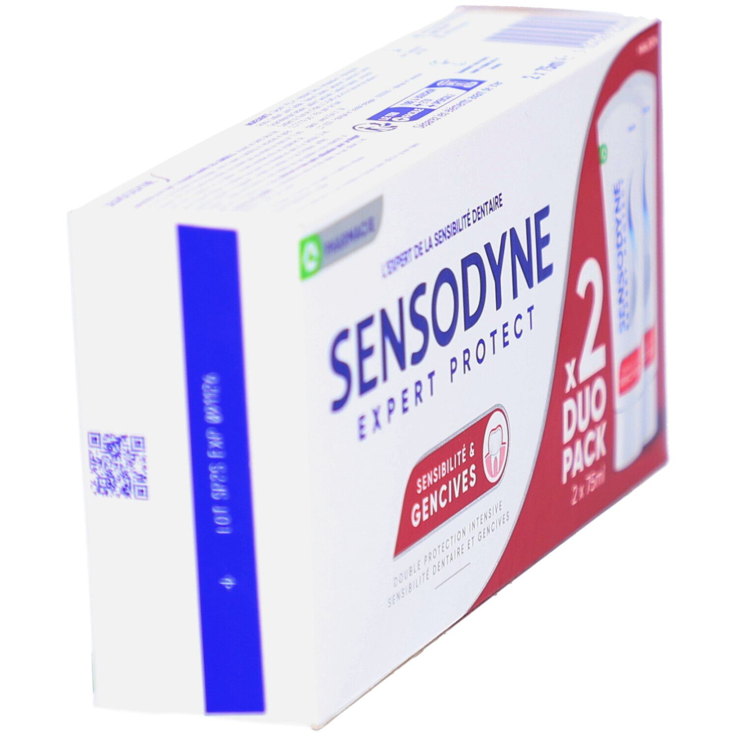Pack duo de dentifrice. Inscription : SENSODYNE EXPERT PROTECT, Sensibilité & Gencives. Emballage blanc avec design rouge et bleu.