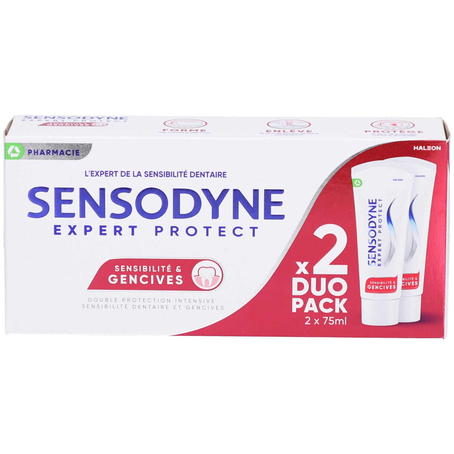 Pack duo de dentifrice. Contient deux tubes. Inscription : SENSODYNE EXPERT PROTECT, Sensibilité & Gencives. Emballage rouge et blanc.
