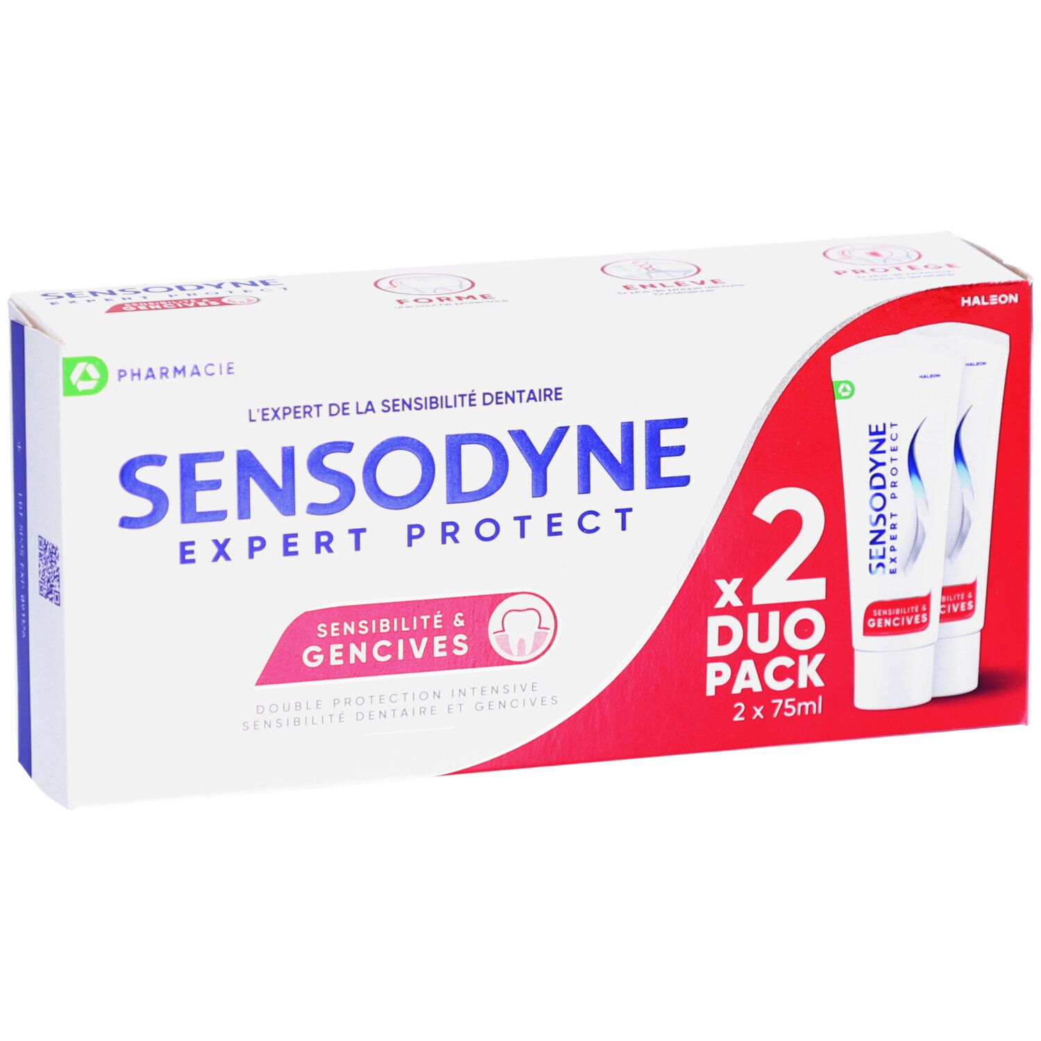 Pack duo de dentifrice. Contient deux tubes. Inscription : SENSODYNE EXPERT PROTECT, Sensibilité & Gencives. Emballage rouge et blanc.
