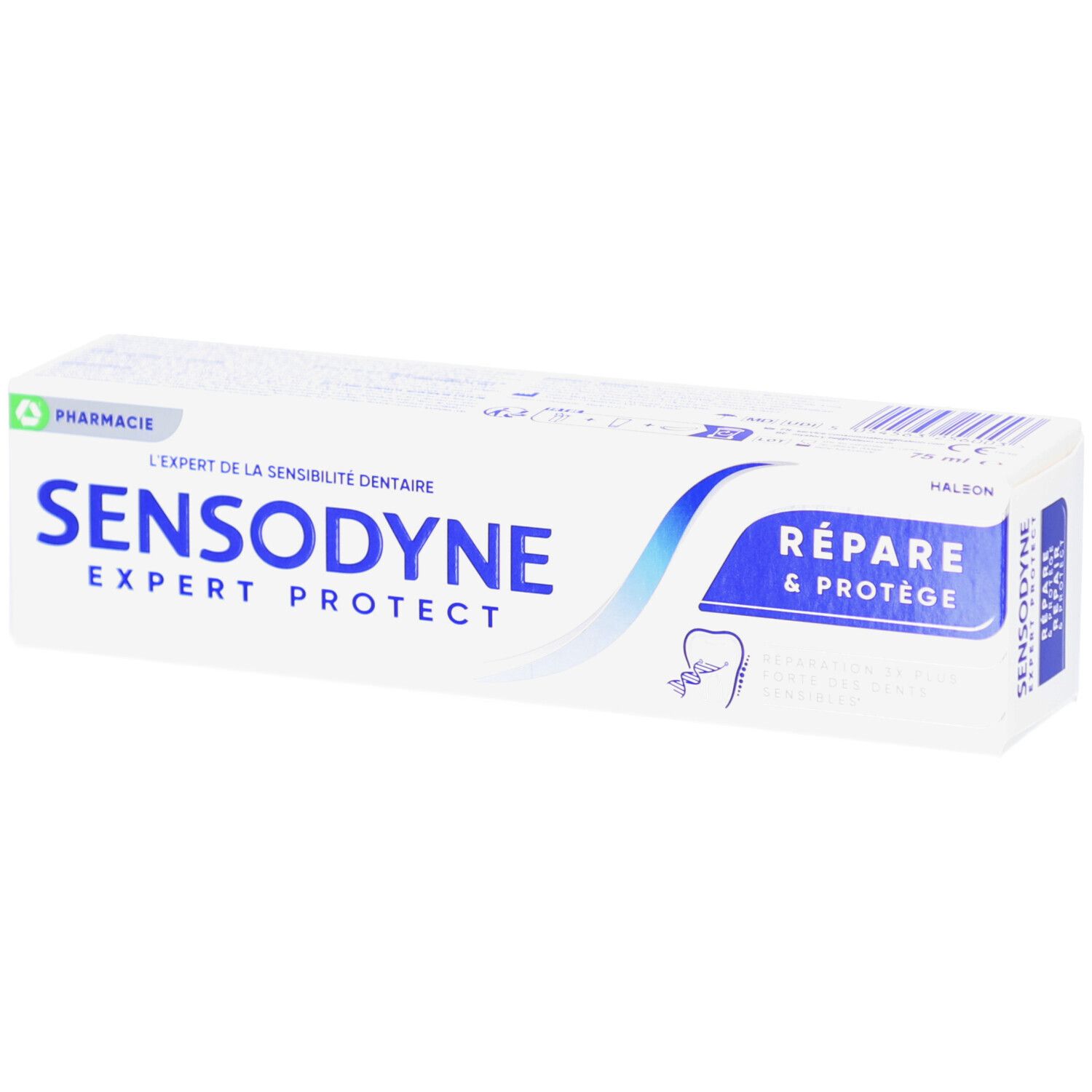Emballage de dentifrice blanc avec des accents bleus. Inscription : SENSODYNE EXPERT PROTECT, RÉPARE & PROTÈGE. Logo de pharmacie.