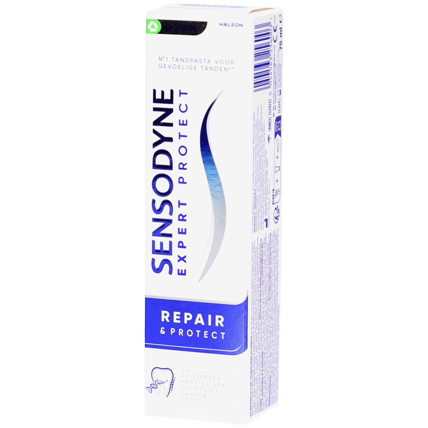 Tube de dentifrice blanc avec des accents bleus. Inscription : SENSODYNE EXPERT PROTECT, REPAIR & PROTECT. 75 ml.