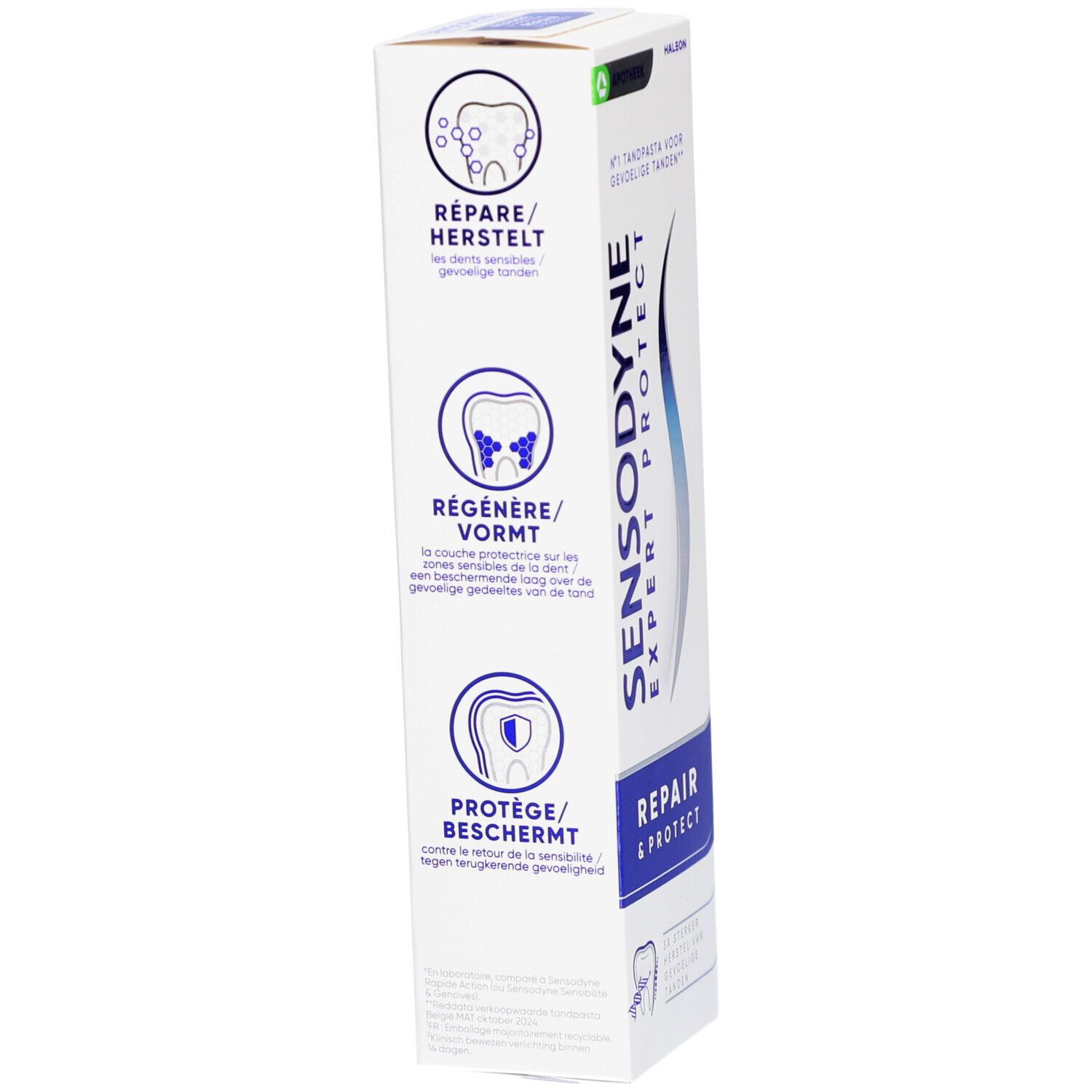 Emballage de dentifrice blanc avec des accents bleus. Inscription : SENSODYNE EXPERT PROTECT, REPAIR & PROTECT. Illustrations.