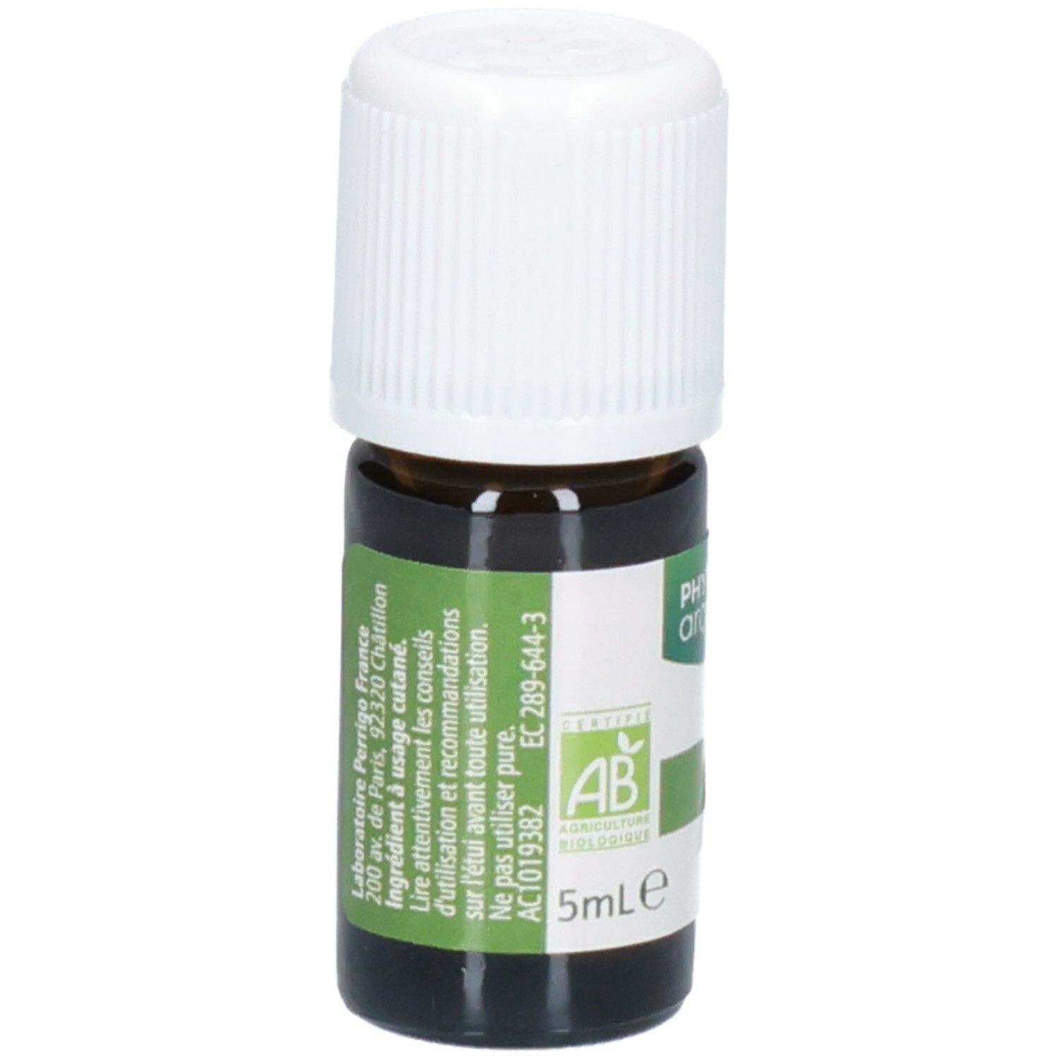Arrière du flacon avec numéro de lot et instructions d'utilisation. 'Laboratoire Perrig France'.