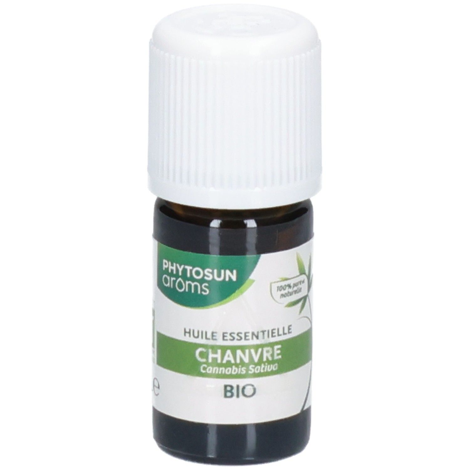 Flacon avec étiquette 'Phytosun Aroms', 'Huile Essentielle Chanvre Bio'.