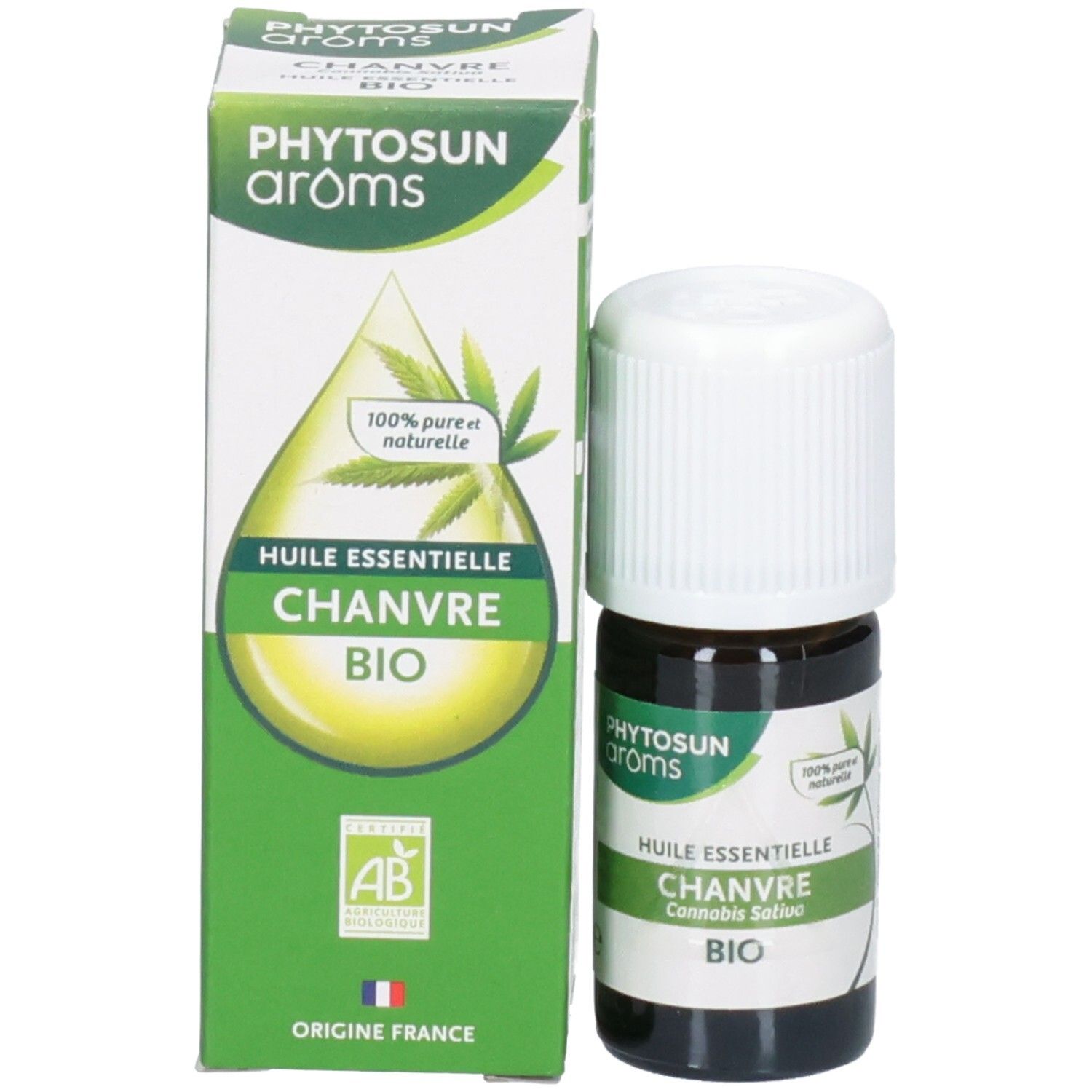 Emballage et flacon 'Phytosun Aroms Huile Essentielle Chanvre Bio'.