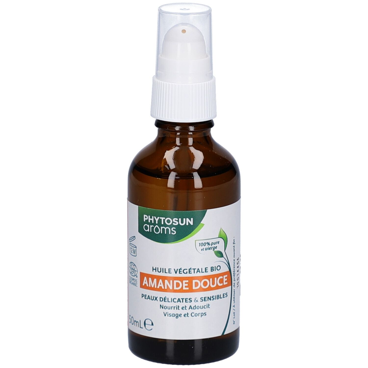 Flacon en verre brun avec vaporisateur blanc. Étiquette avec nom du produit et logo. Huile 100% pure.