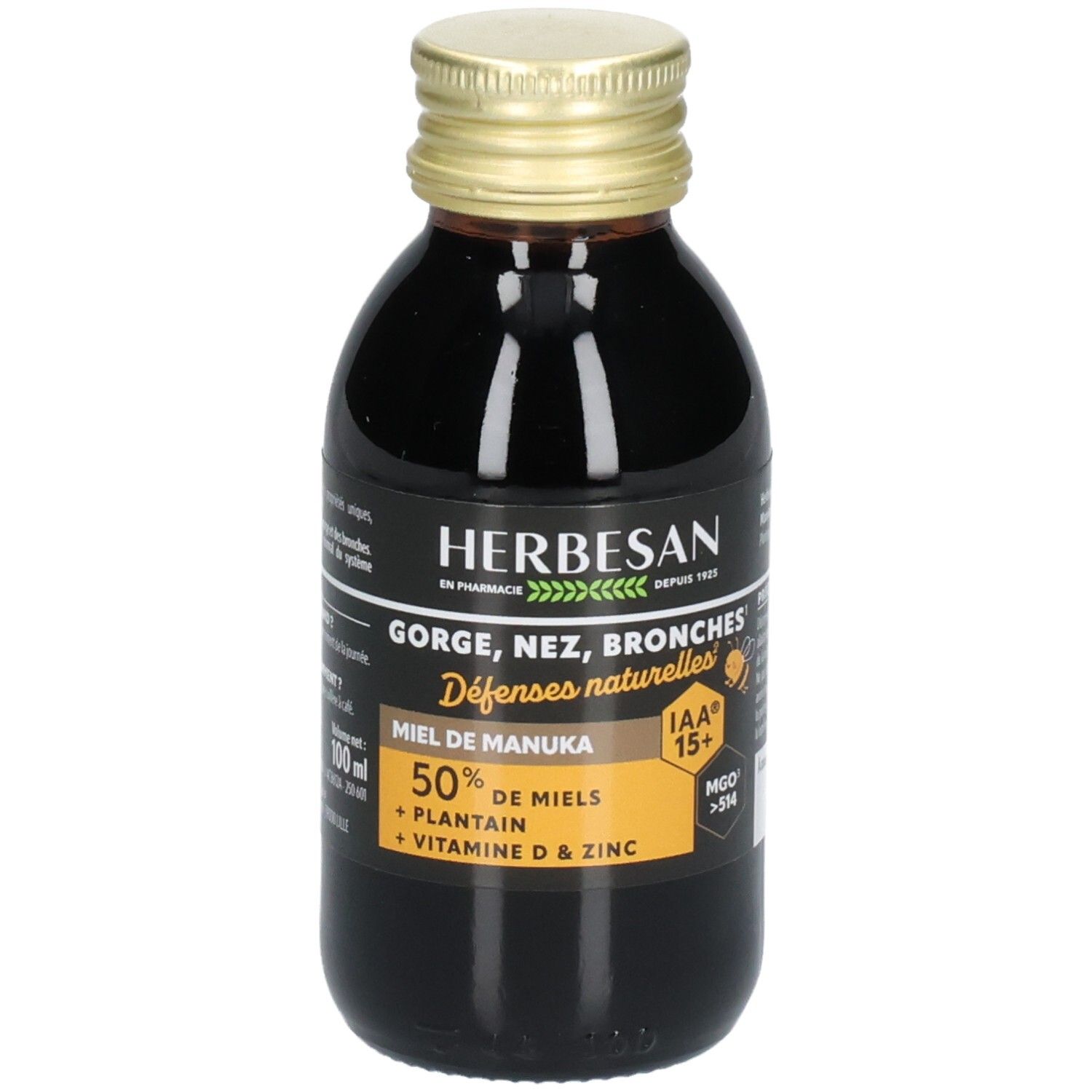 Flacon en verre brun avec bouchon doré. Étiquette avec informations produit. Logo HERBESAN et texte: GORGES, NEZ, BRONCHES.