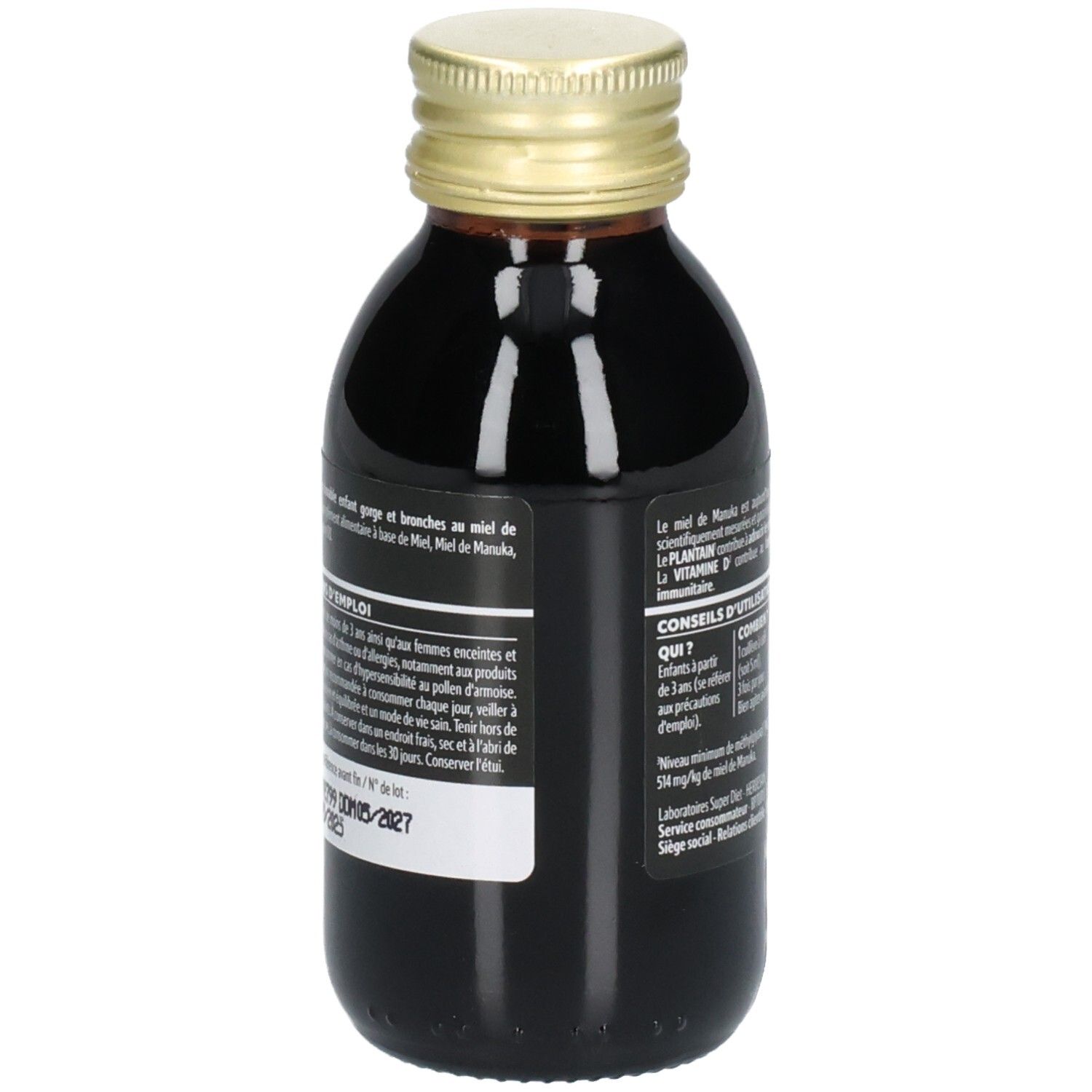 Vue arrière de la bouteille en verre brun avec bouchon doré. Étiquette avec informations produit et date de péremption.