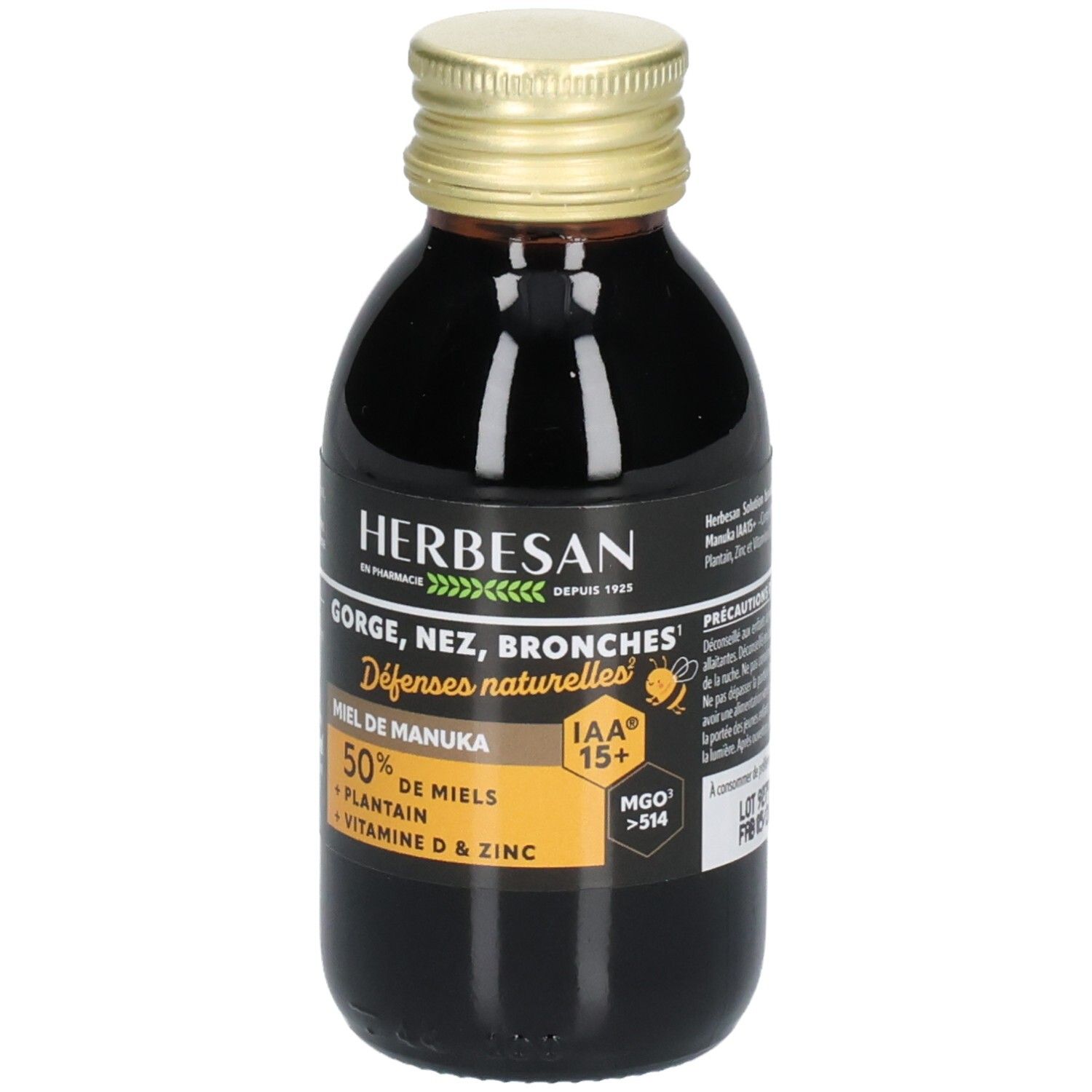 Flacon en verre brun avec bouchon doré. Étiquette avec informations produit. Logo HERBESAN et texte: GORGES, NEZ, BRONCHES.