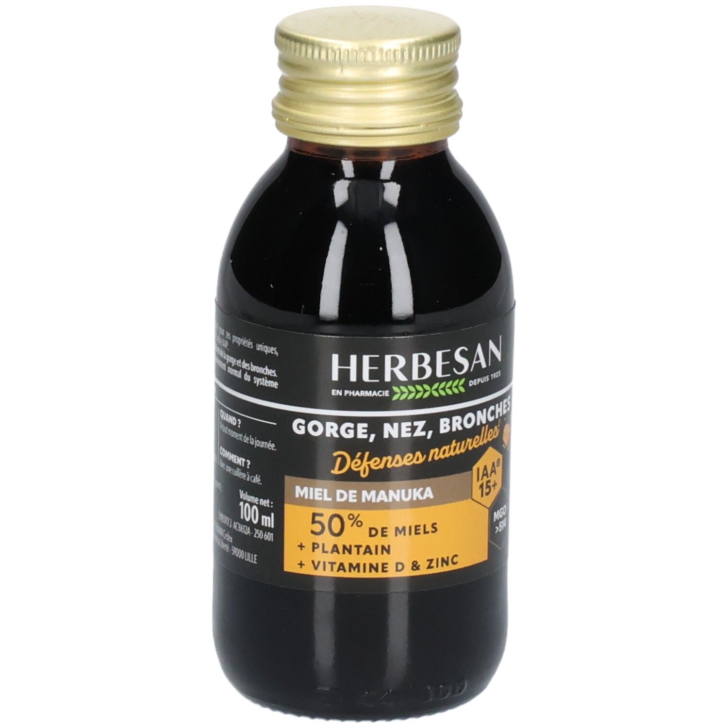 Flacon en verre brun avec bouchon doré. Étiquette avec informations produit. Logo HERBESAN et texte: GORGES, NEZ, BRONCHES.