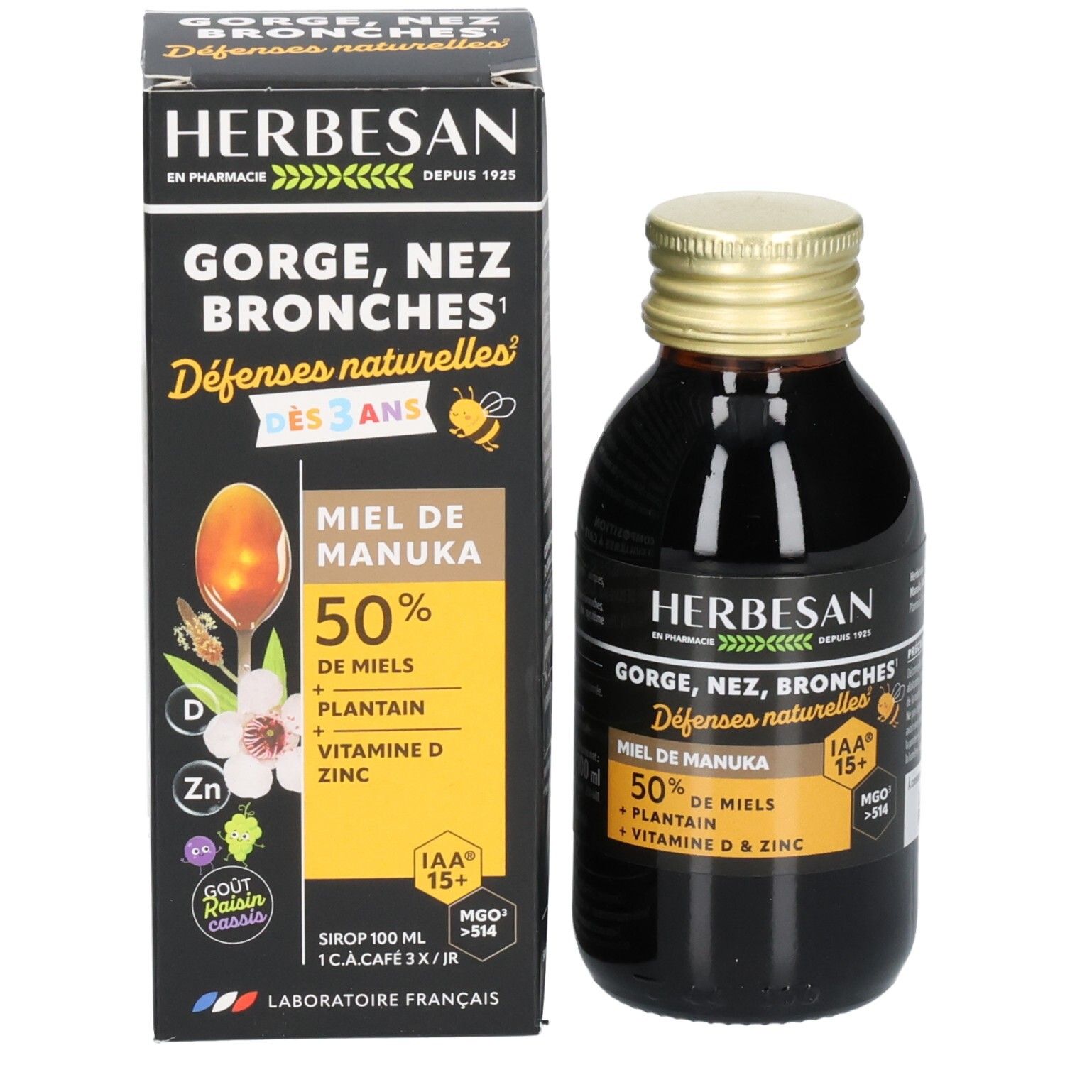 Emballage du produit avec flacon. Boîte avec logo HERBESAN et informations produit. Flacon avec bouchon doré.