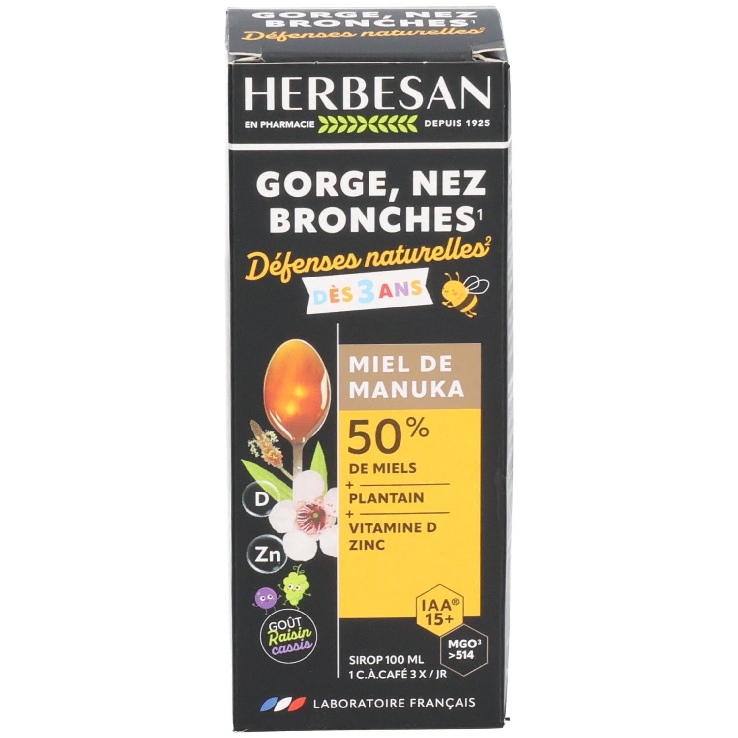 Emballage du produit. Boîte avec logo HERBESAN et informations produit. Texte: GORGES, NEZ, BRONCHES. Dès 3 ans.