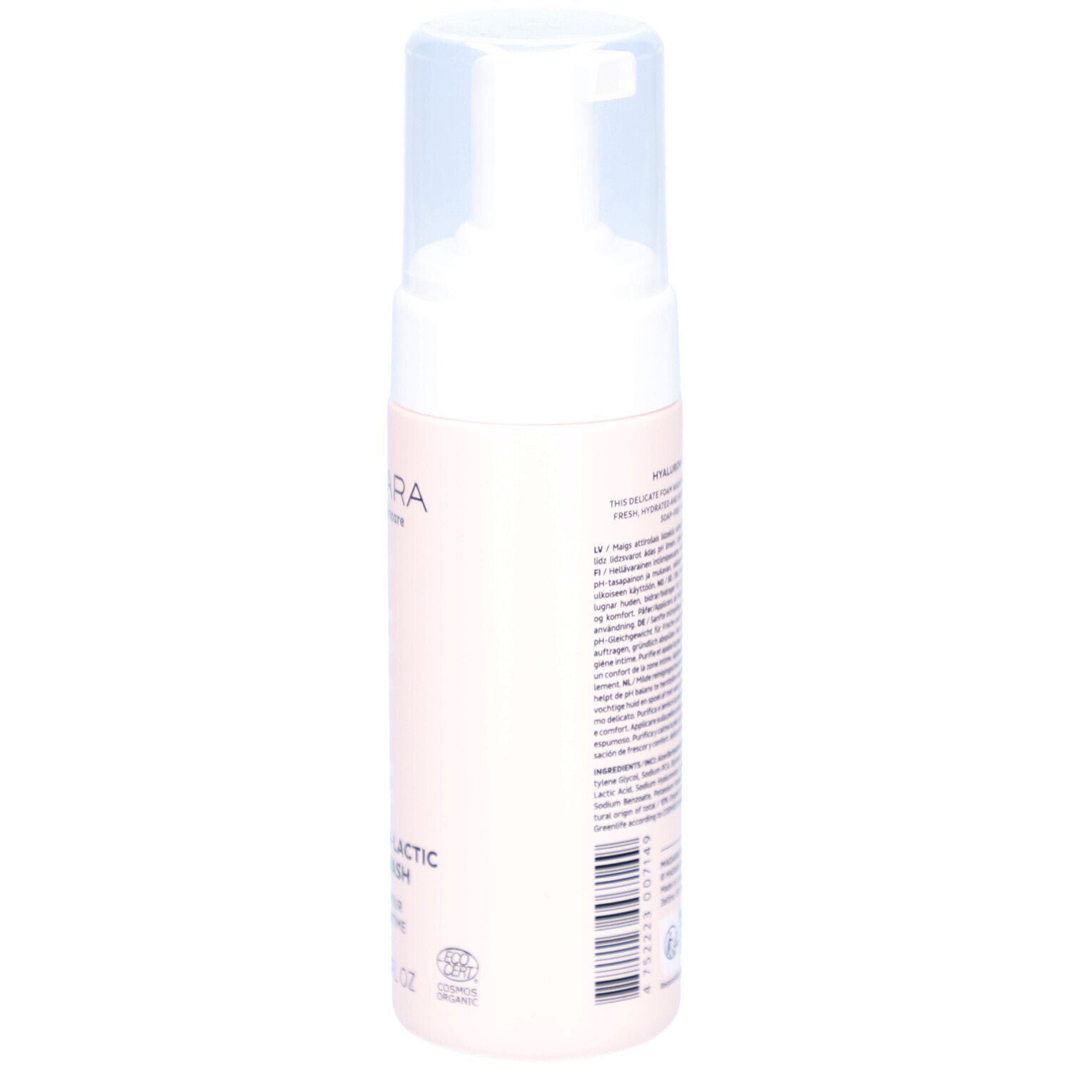 Flacon rose avec pompe blanche. Dos avec informations et ingrédients du produit.