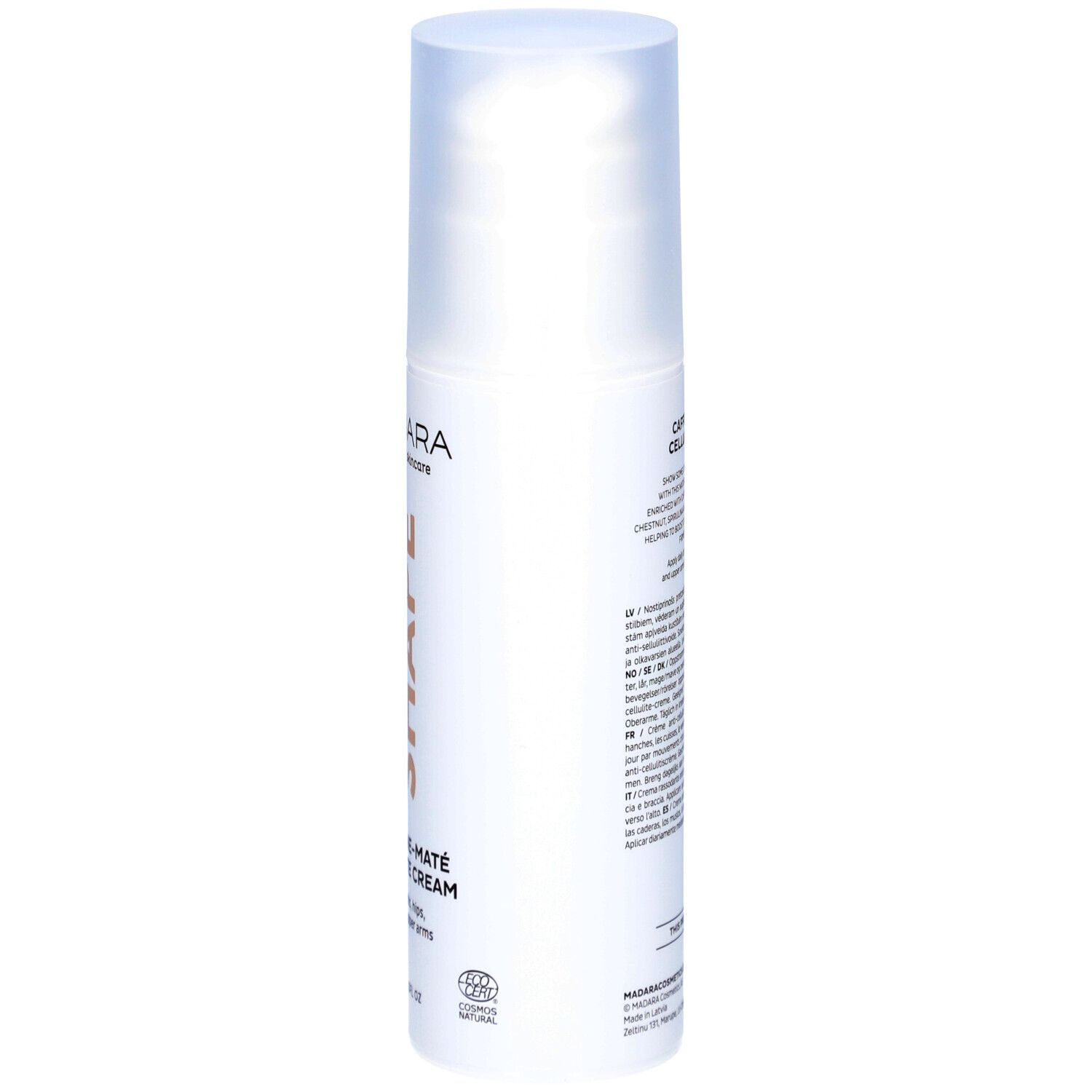Flacon blanc avec texte. Caffeine-Maté Cellulite Cream. Marque Mádara. Texte multilingue.