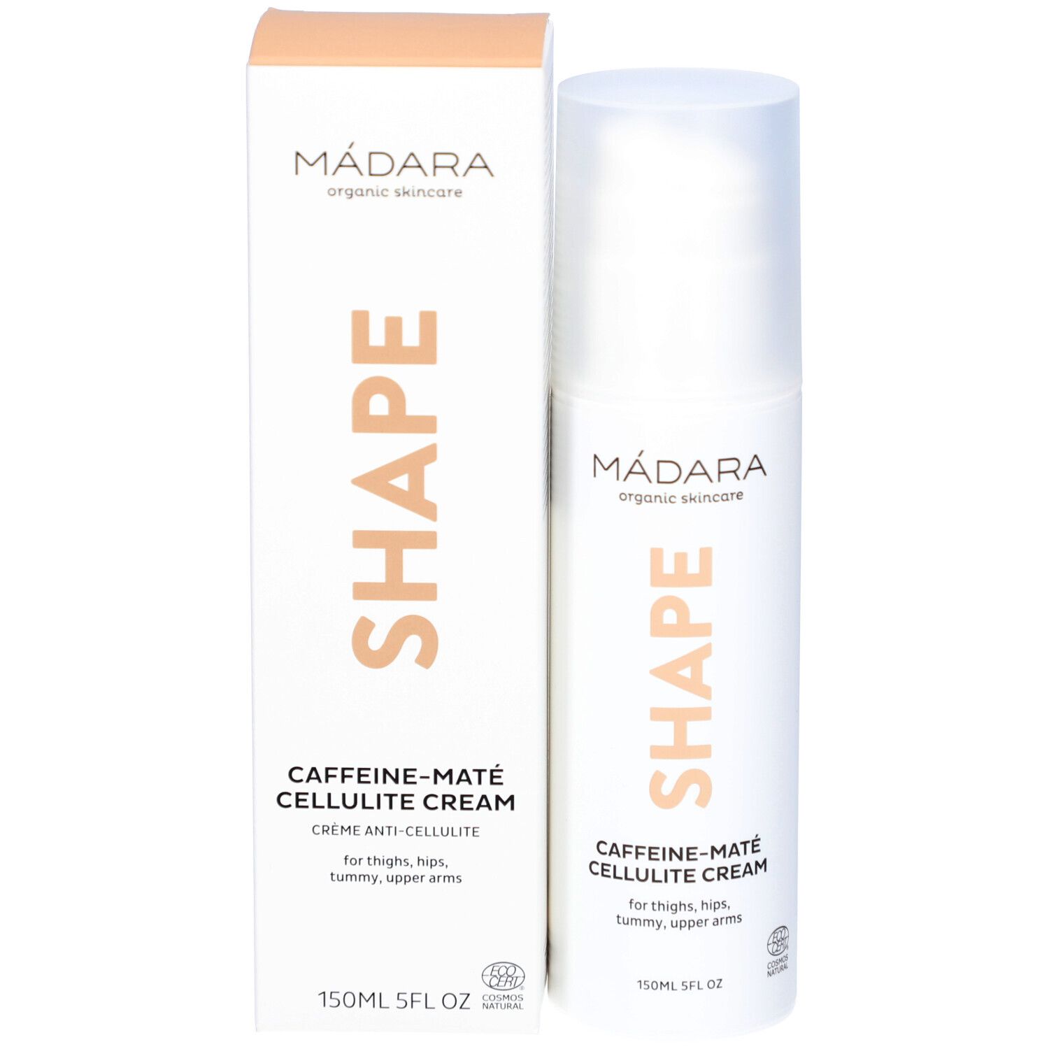 Emballage produit avec flacon. SHAPE, Caffeine-Maté Cellulite Cream. Marque Mádara. 150ml.