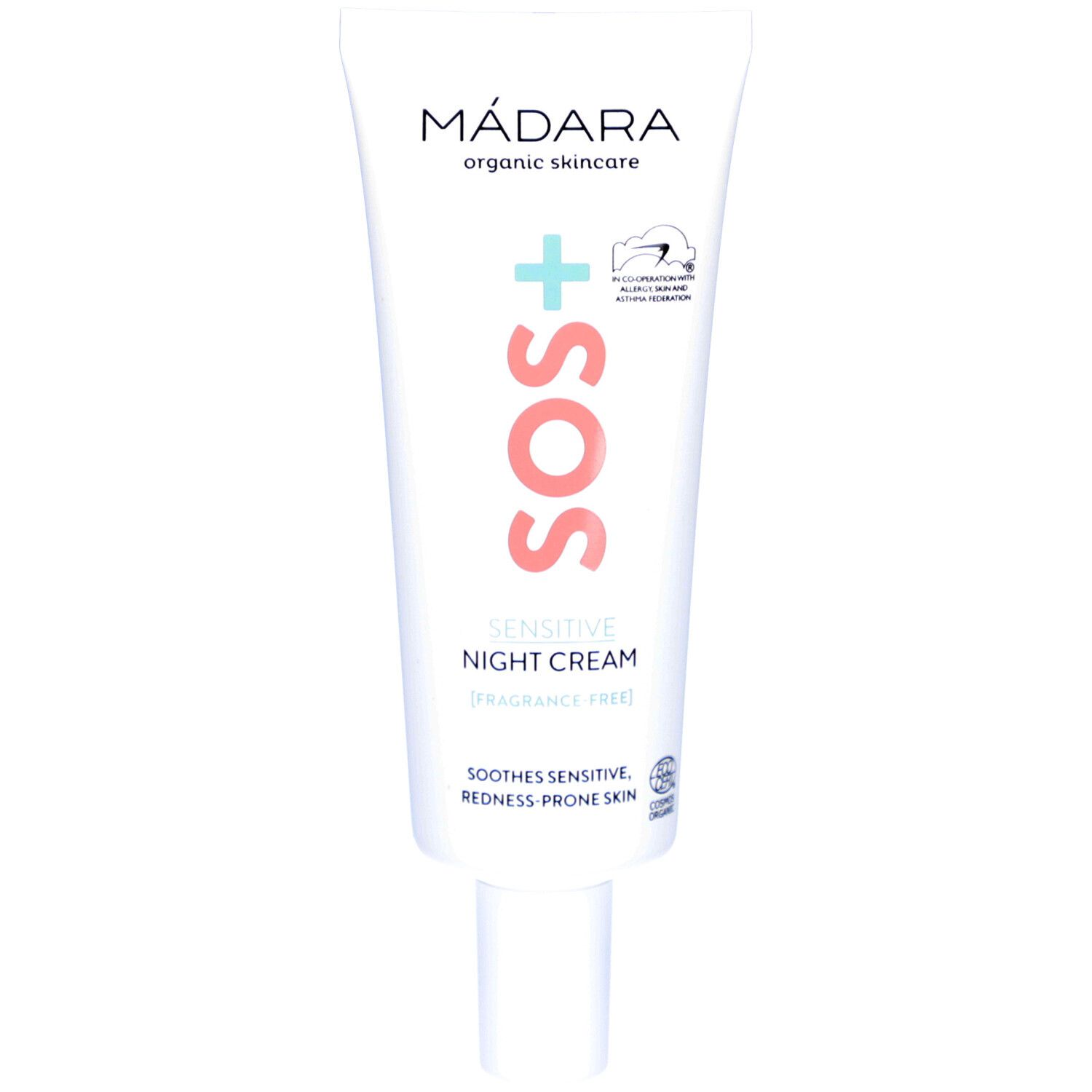 Tube blanc MADARA SOS+ Sensitive Night Cream. Texte et logo orange et turquoise. Certifications.