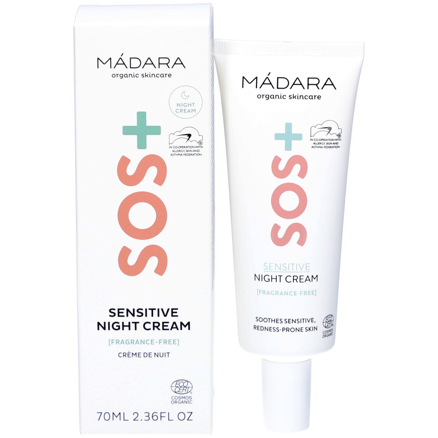 Emballage du produit avec tube et boîte. Les deux affichent MADARA SOS+ Sensitive Night Cream. Logo et certifications.
