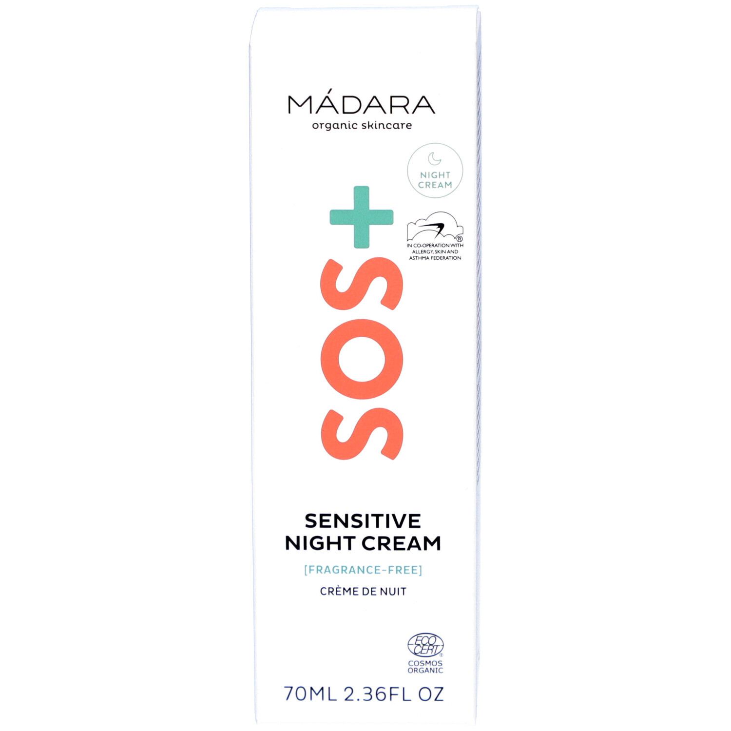 Emballage du produit. Boîte avec MADARA SOS+ Sensitive Night Cream. Logo, texte et certifications.