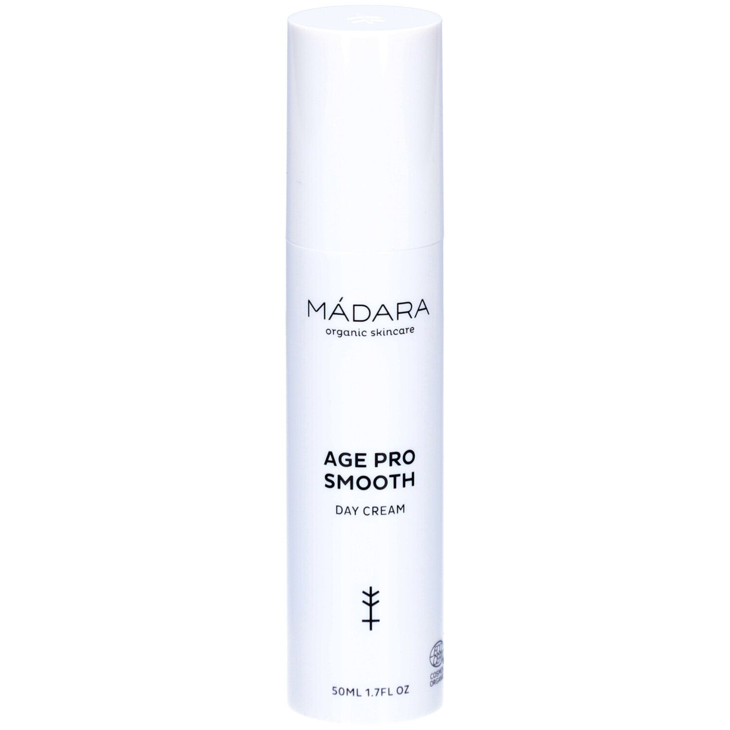 Flacon blanc de crème de jour Madara Age Pro Smooth. Texte: Age Pro Smooth Day Cream. Logo et certification.